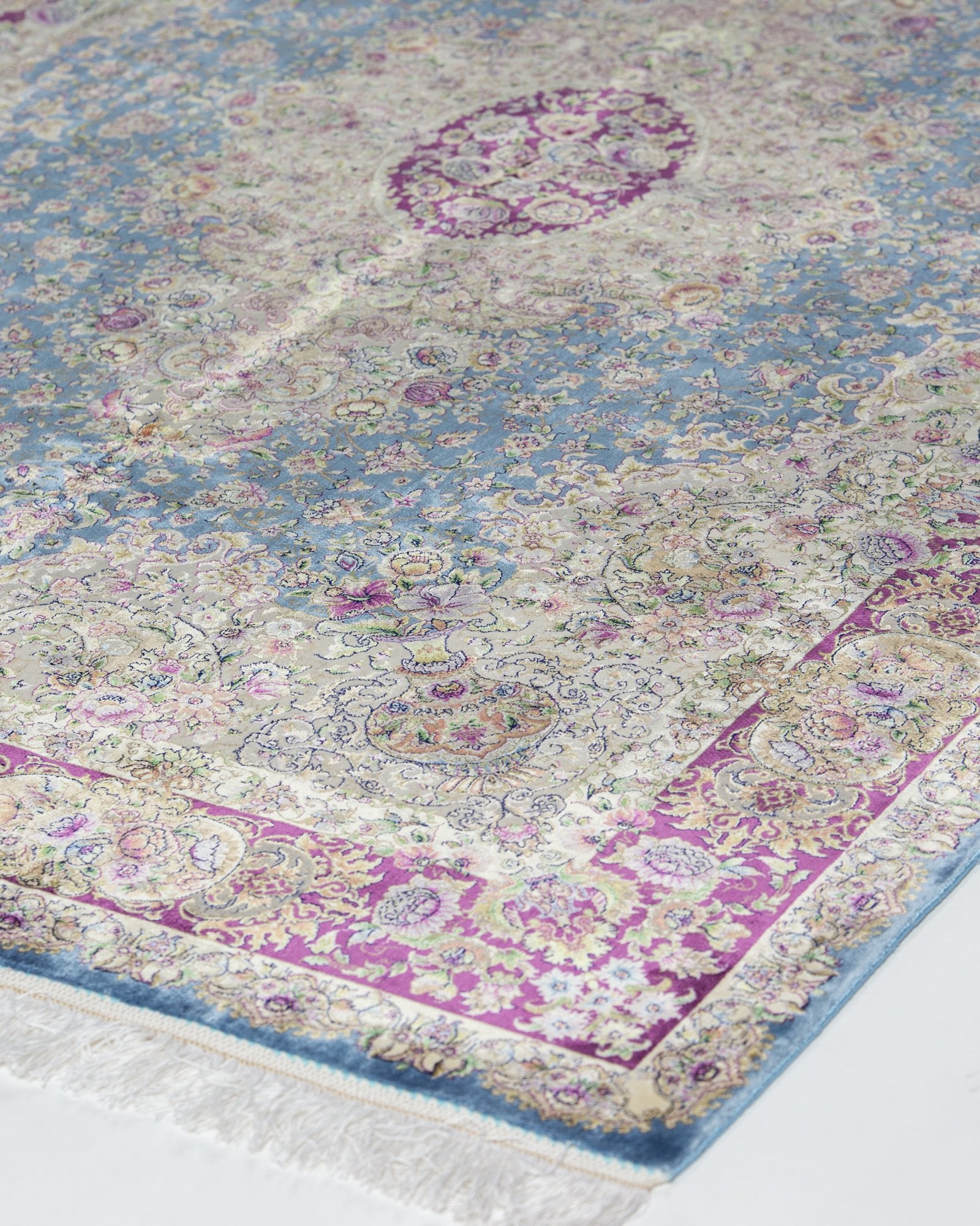 Mahtab Persian silk and wool carpet design detail, blue 225x150 cm - Tabeer Homes Dubai