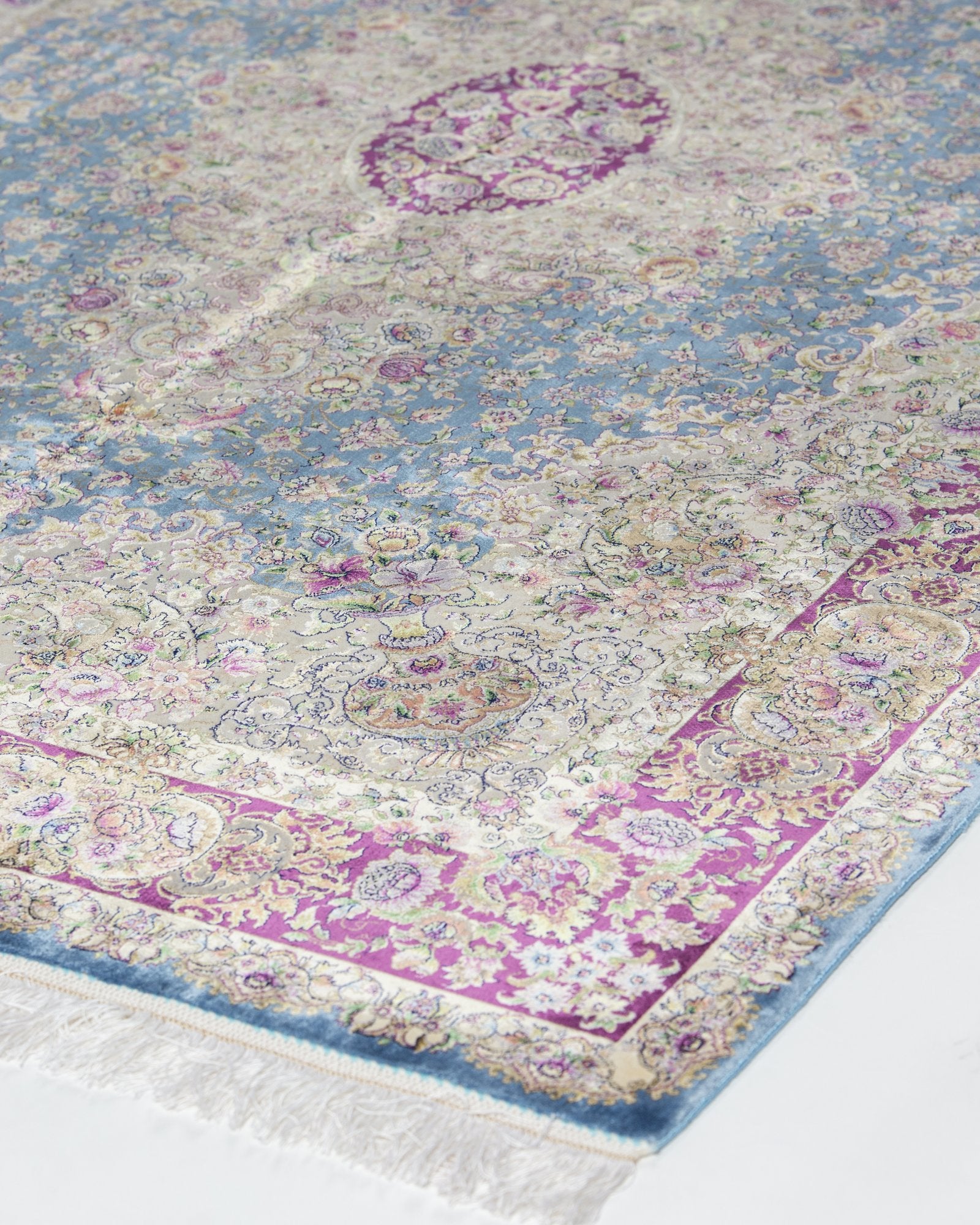 Mahtab Persian silk and wool carpet medallion close-up, blue 225x150 cm - Tabeer Homes Dubai