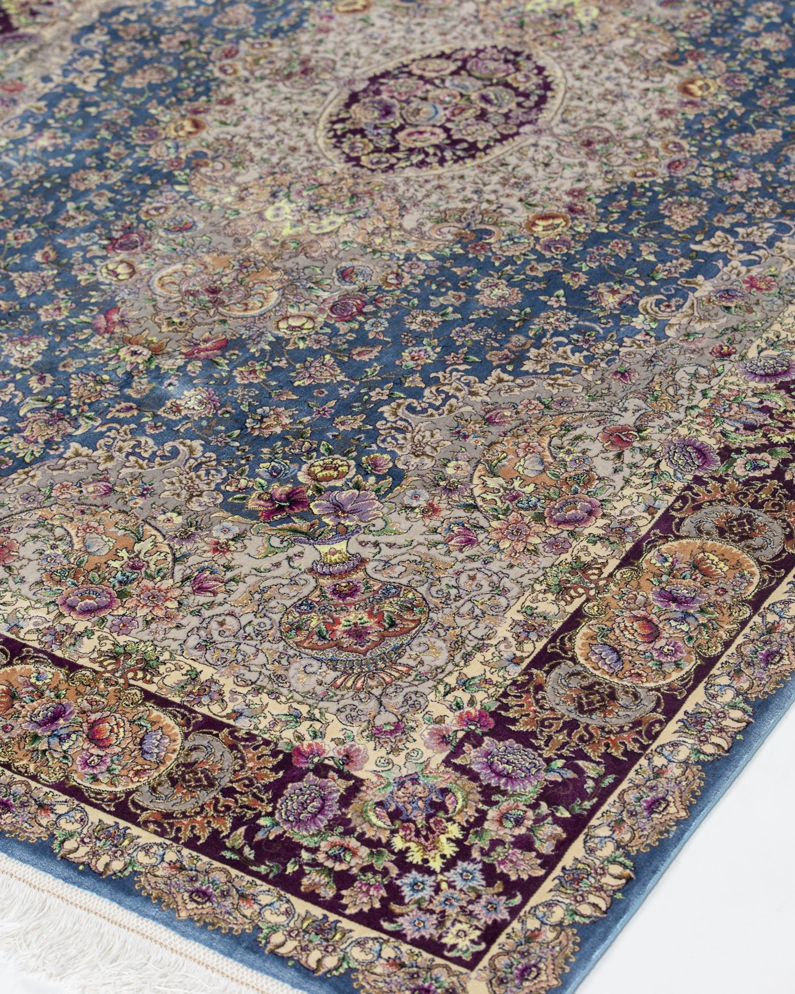 Mahtab Persian silk and wool carpet border and pattern detail, blue 225x150 cm - Tabeer Homes Dubai
