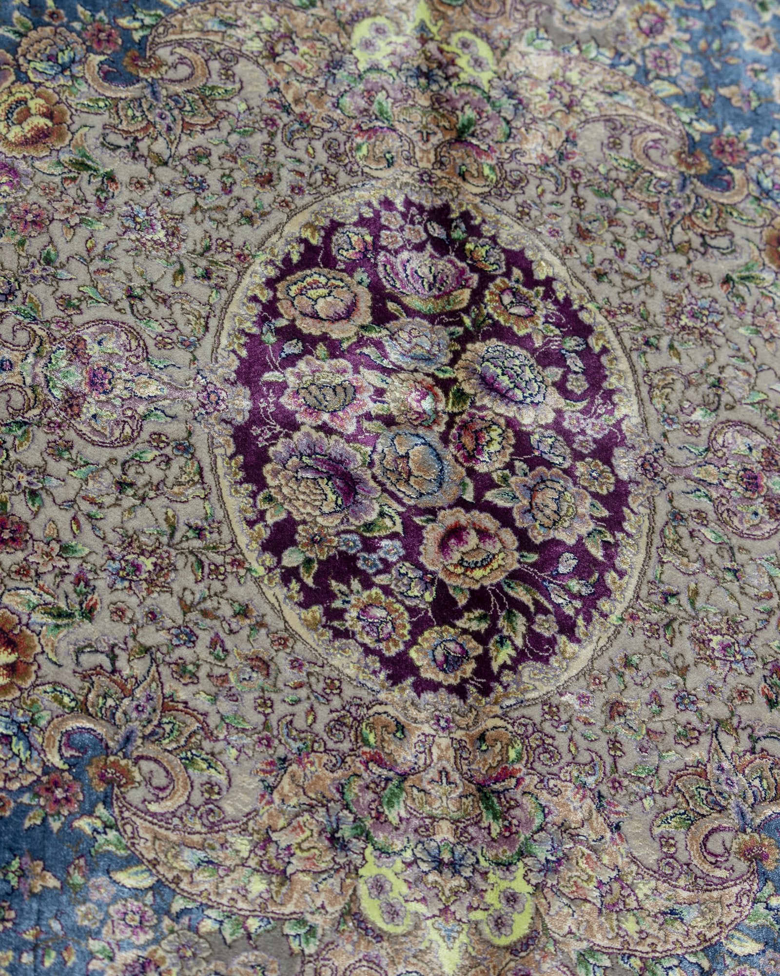 Mahtab Persian silk and wool carpet full angled view, blue 225x150 cm - Tabeer Homes Dubai