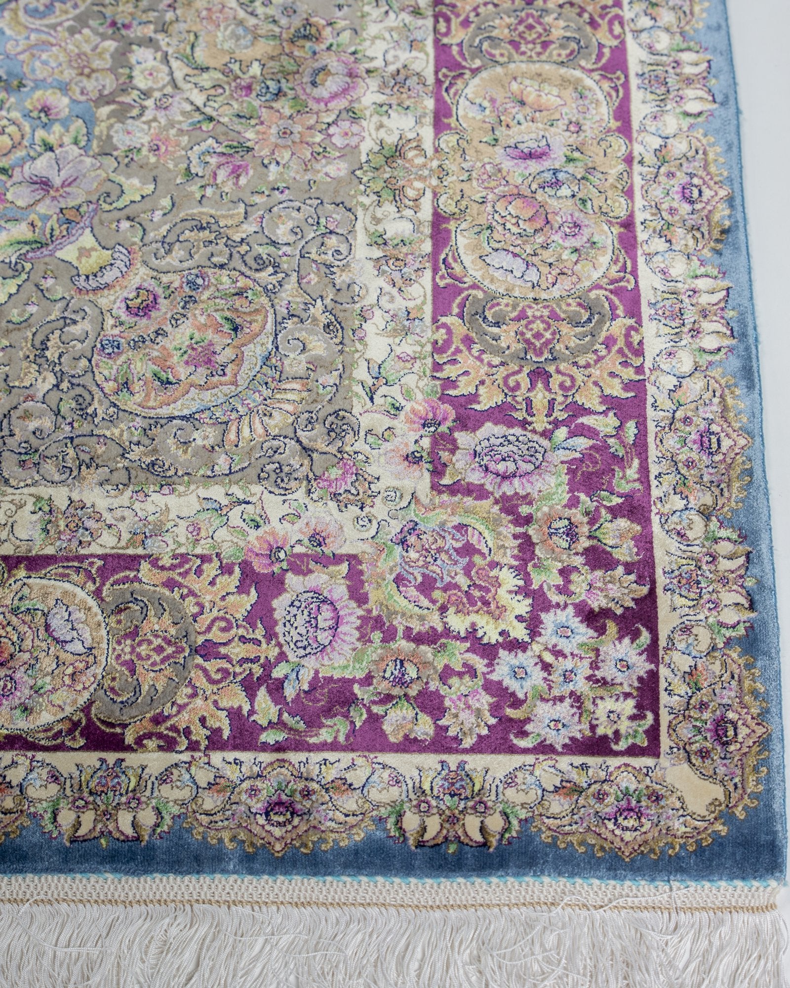 Mahtab Persian silk and wool carpet reverse and selvedge detail, blue 225x150 cm - Tabeer Homes Dubai