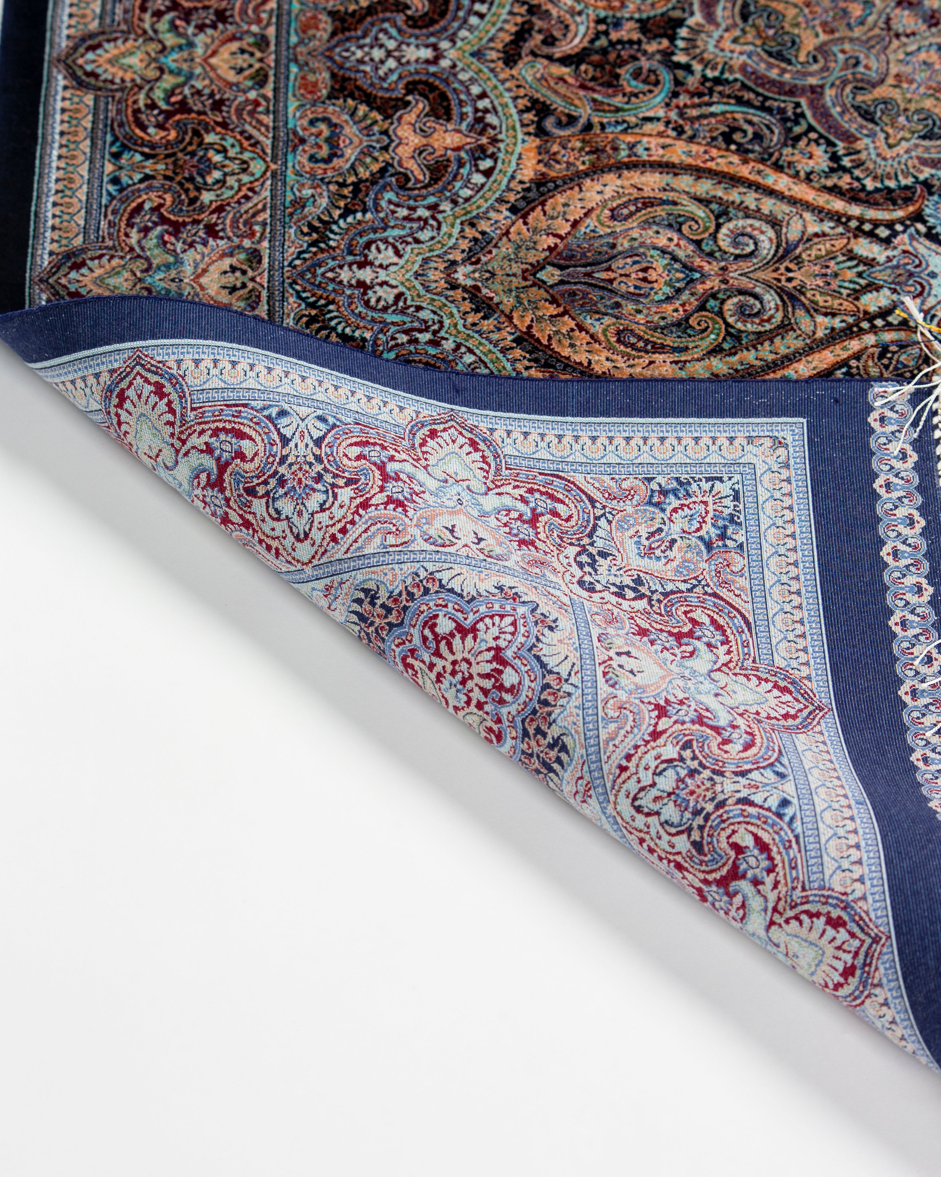 Medallion and field detail of the Mahtab grey silk rug