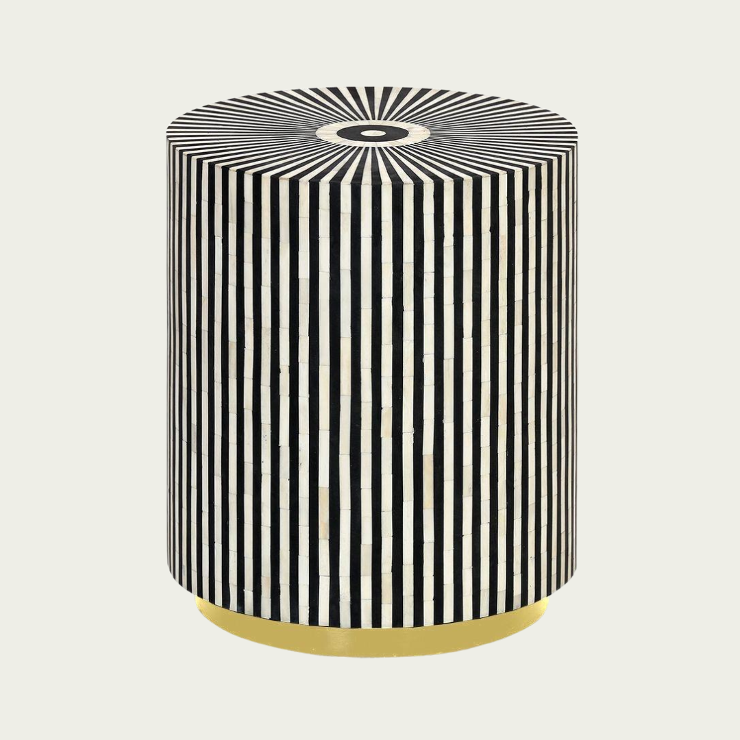 Black bone inlay side table with a striking striped pattern and round top, adding elegance and artistry to modern interiors.