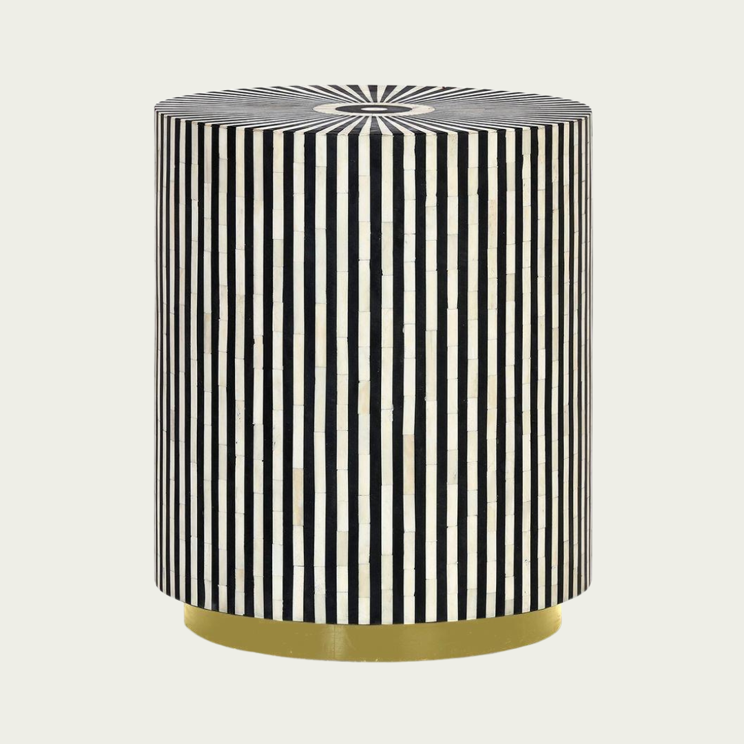 Black bone inlay side table with a striking striped pattern and round top, adding elegance and artistry to modern interiors.