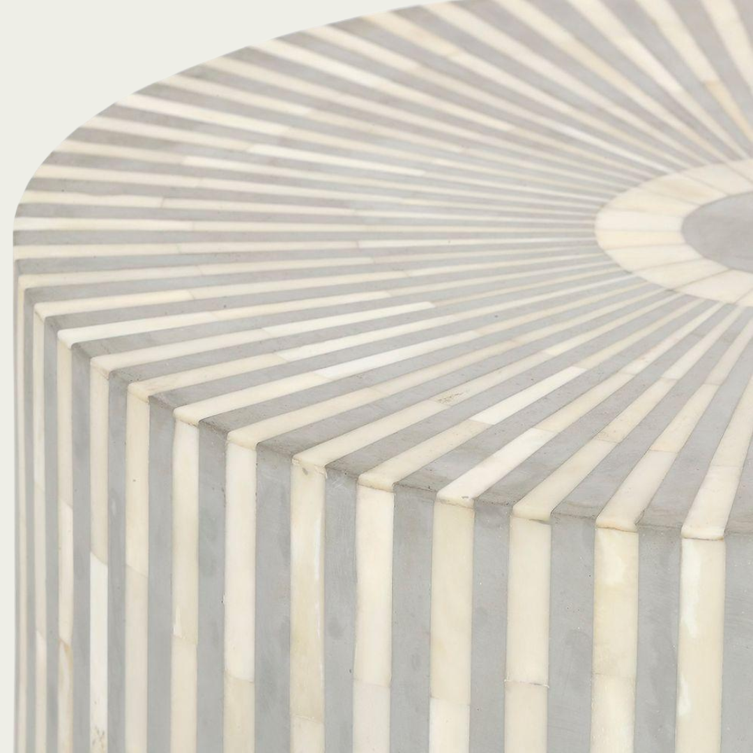 Handcrafted grey bone inlay side table with a striped pattern, adding elegance and style to any living space. Unique artisanal design.