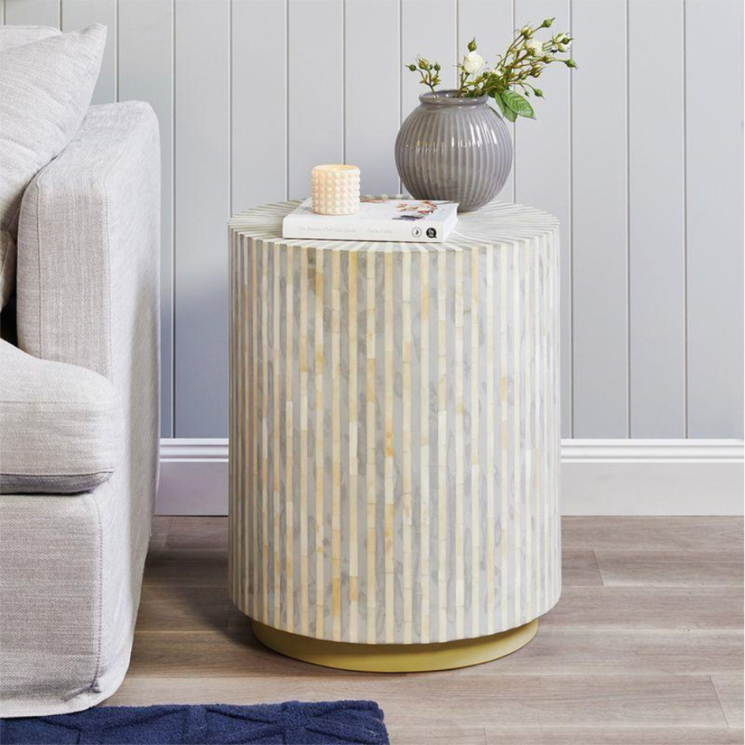 Handcrafted grey bone inlay side table with a striped pattern, adding elegance and style to any living space. Unique artisanal design.