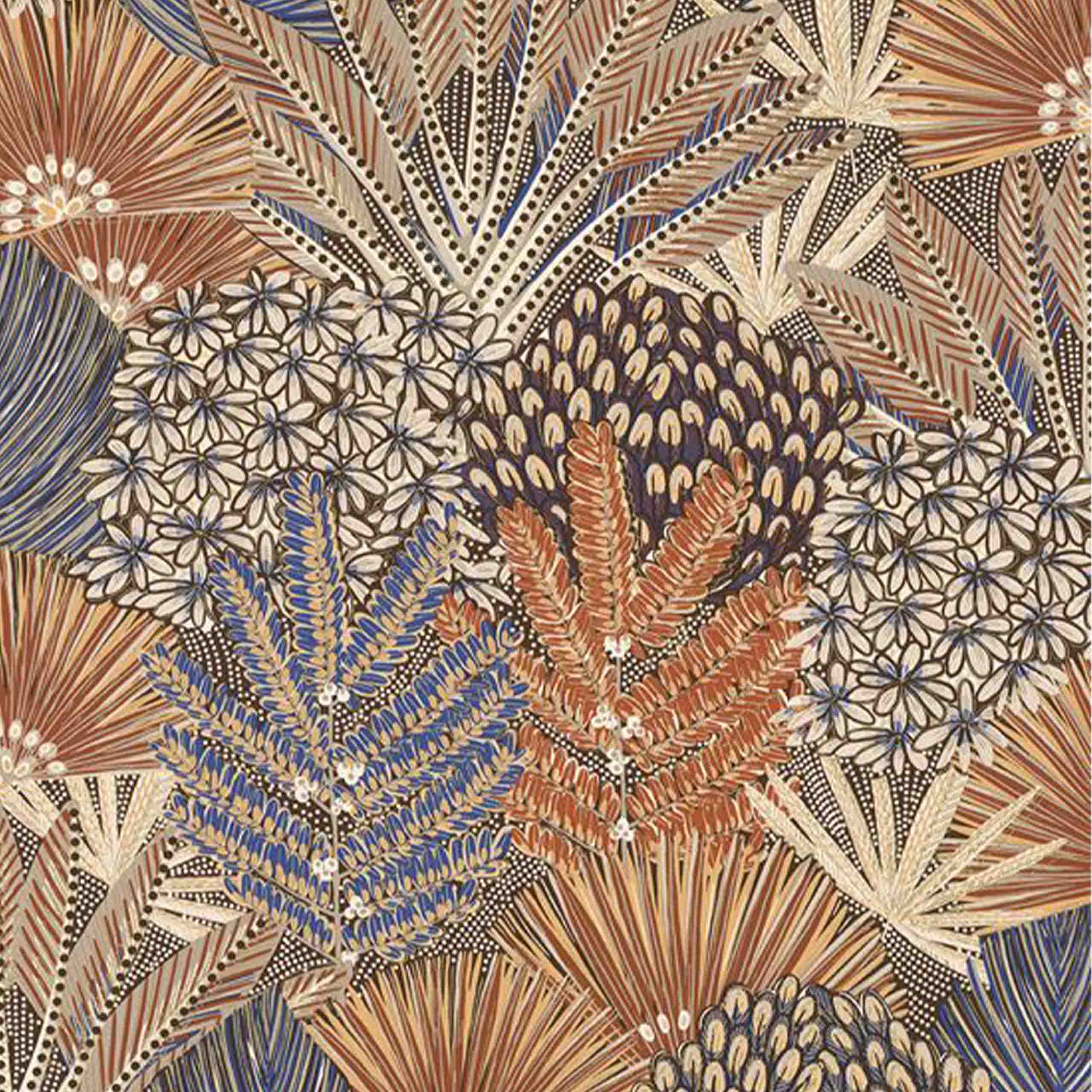 Maranta vinyl wallpaper featuring intricate botanical and floral patterns in bold blue and orange tones, ideal for elegant interiors. 