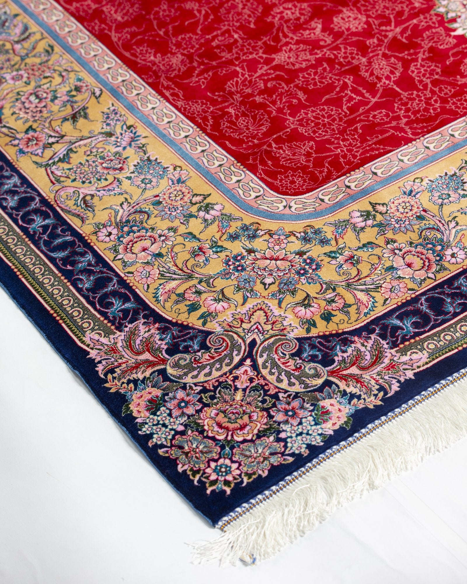 Marguerite Persian silk carpet design detail in red and ivory, 200 x 300 cm - Tabeer Homes Dubai