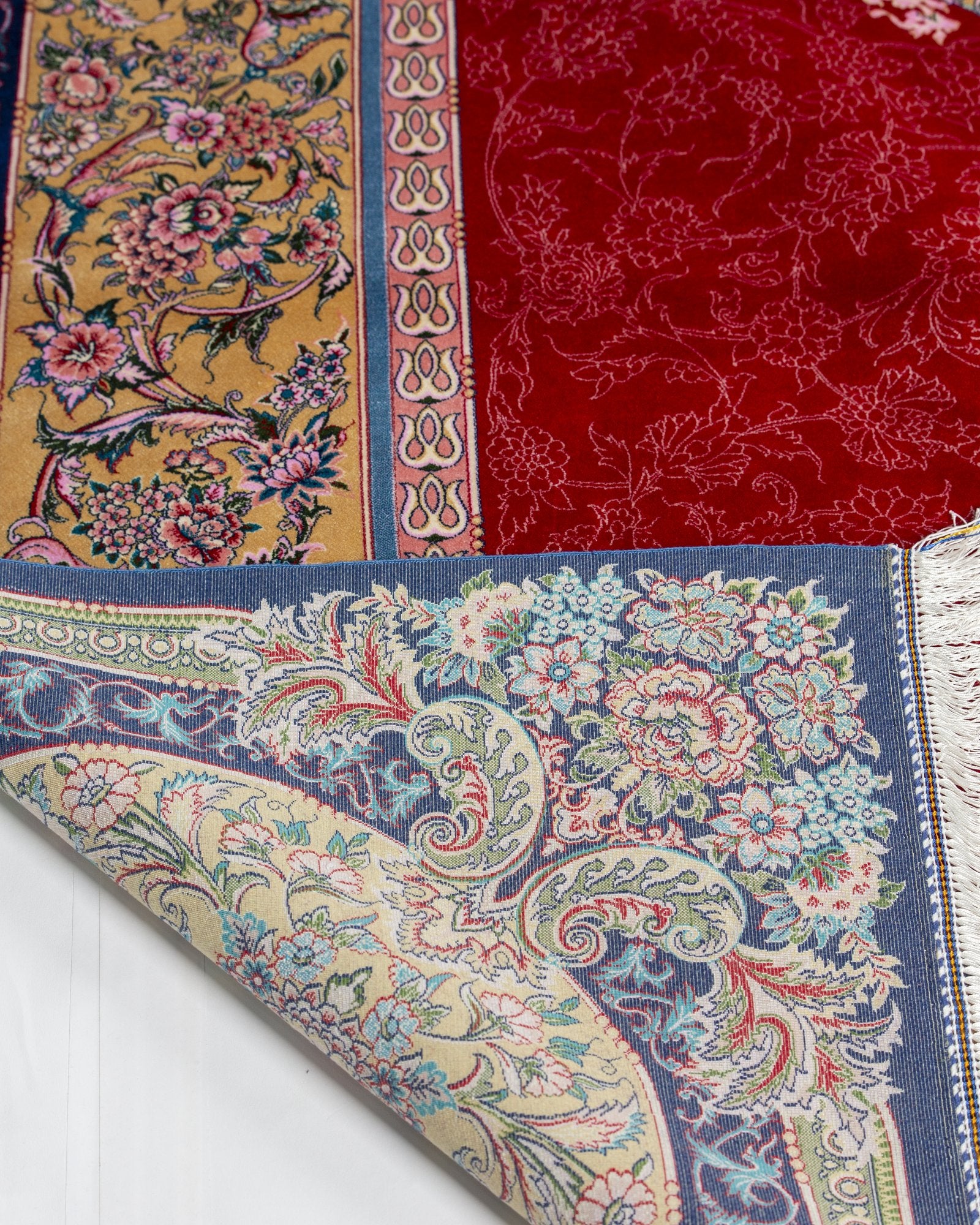 Marguerite Persian silk rug side view showing depth of colour, red and ivory 200 x 300 cm - Tabeer Homes Dubai