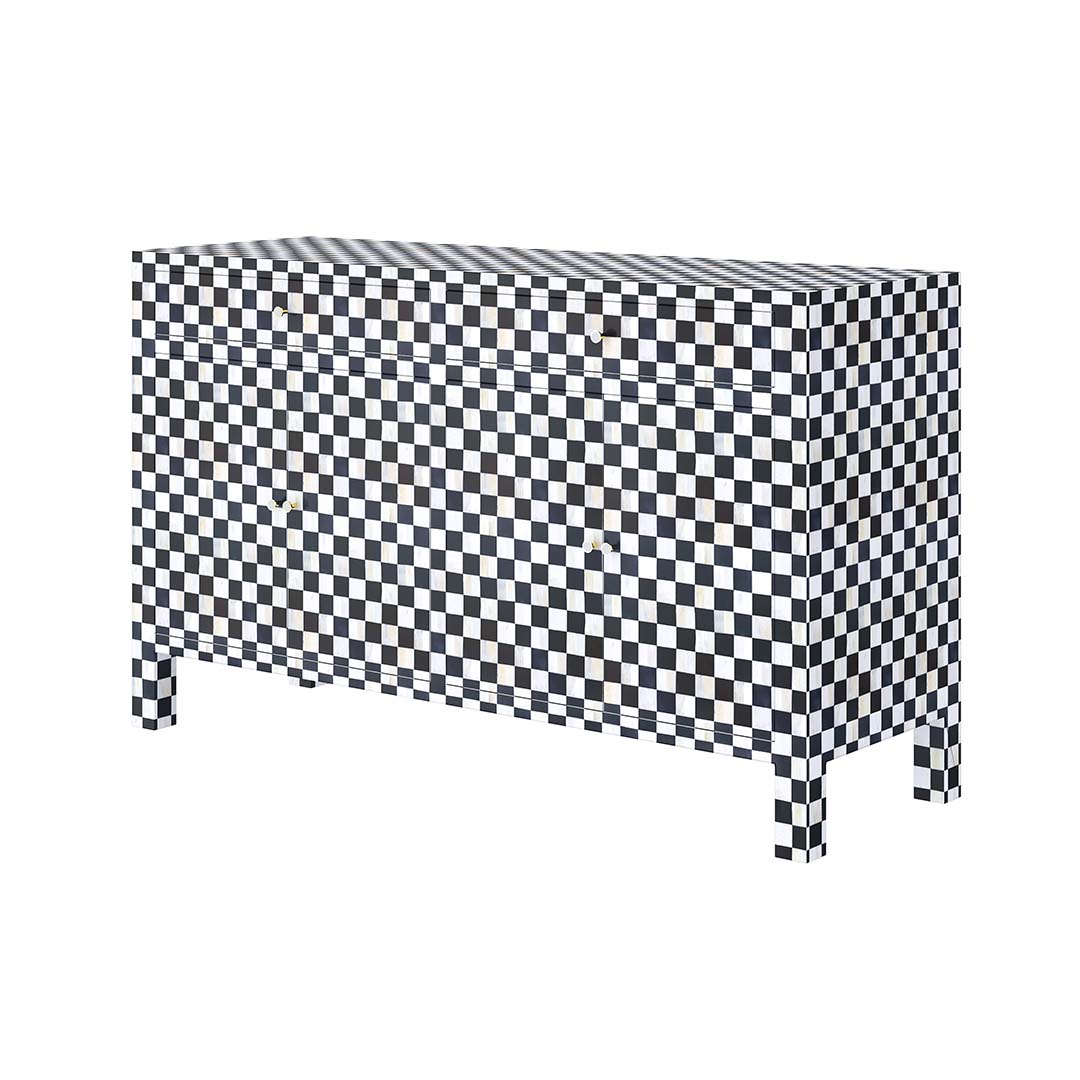 Black and white bone inlay sideboard with checkerboard pattern, featuring multiple drawers and a sleek design.