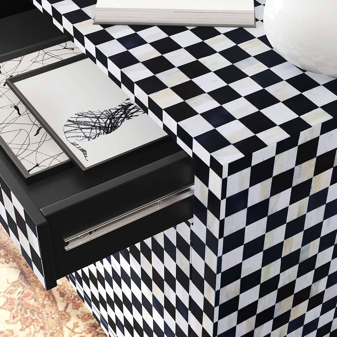 Black and white bone inlay sideboard with checkerboard pattern, featuring multiple drawers and a sleek design.