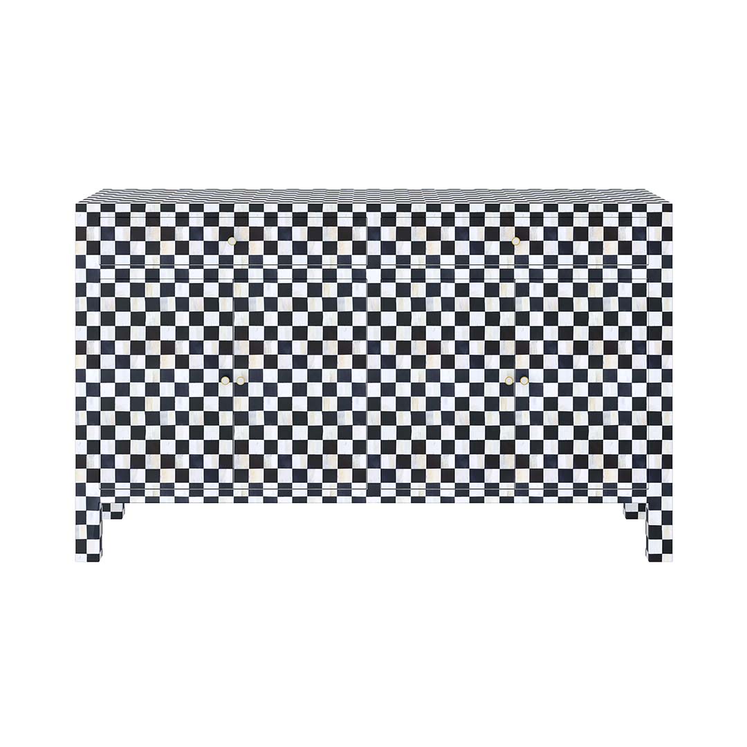 Black and white bone inlay sideboard with checkerboard pattern, featuring multiple drawers and a sleek design.