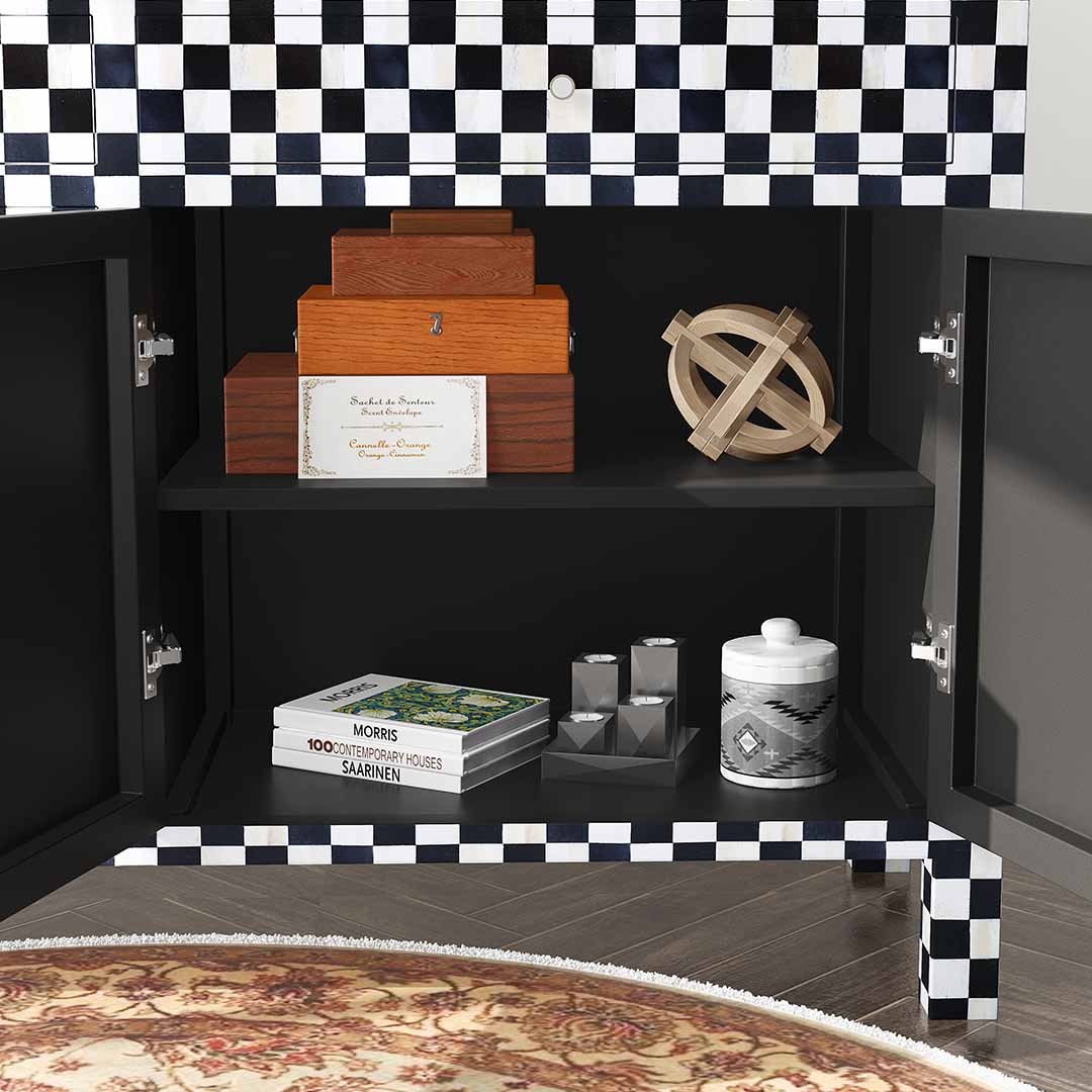 Black and white bone inlay sideboard with checkerboard pattern, featuring multiple drawers and a sleek design.