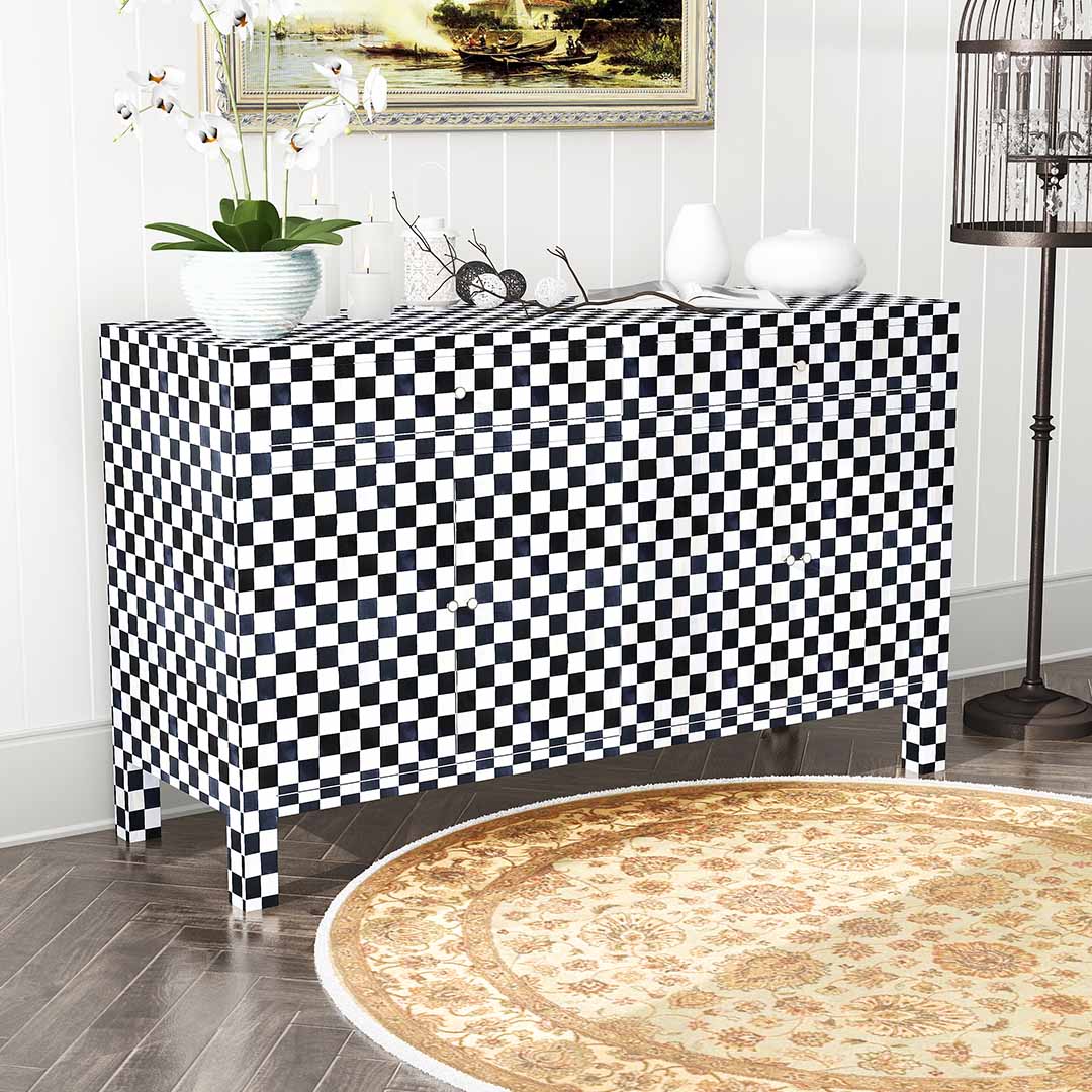 Black and white bone inlay sideboard with checkerboard pattern, featuring multiple drawers and a sleek design.