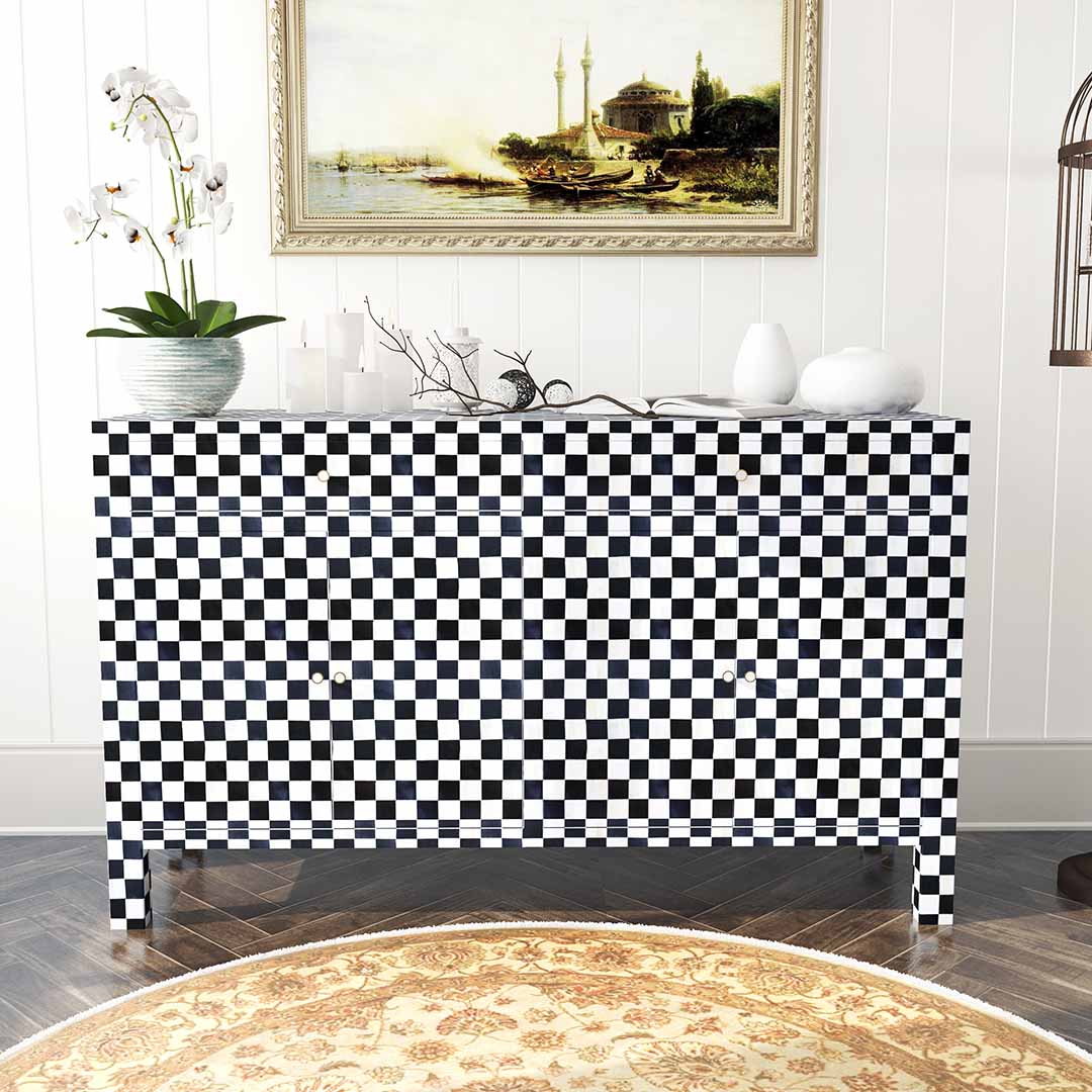 Black and white bone inlay sideboard with checkerboard pattern, featuring multiple drawers and a sleek design.