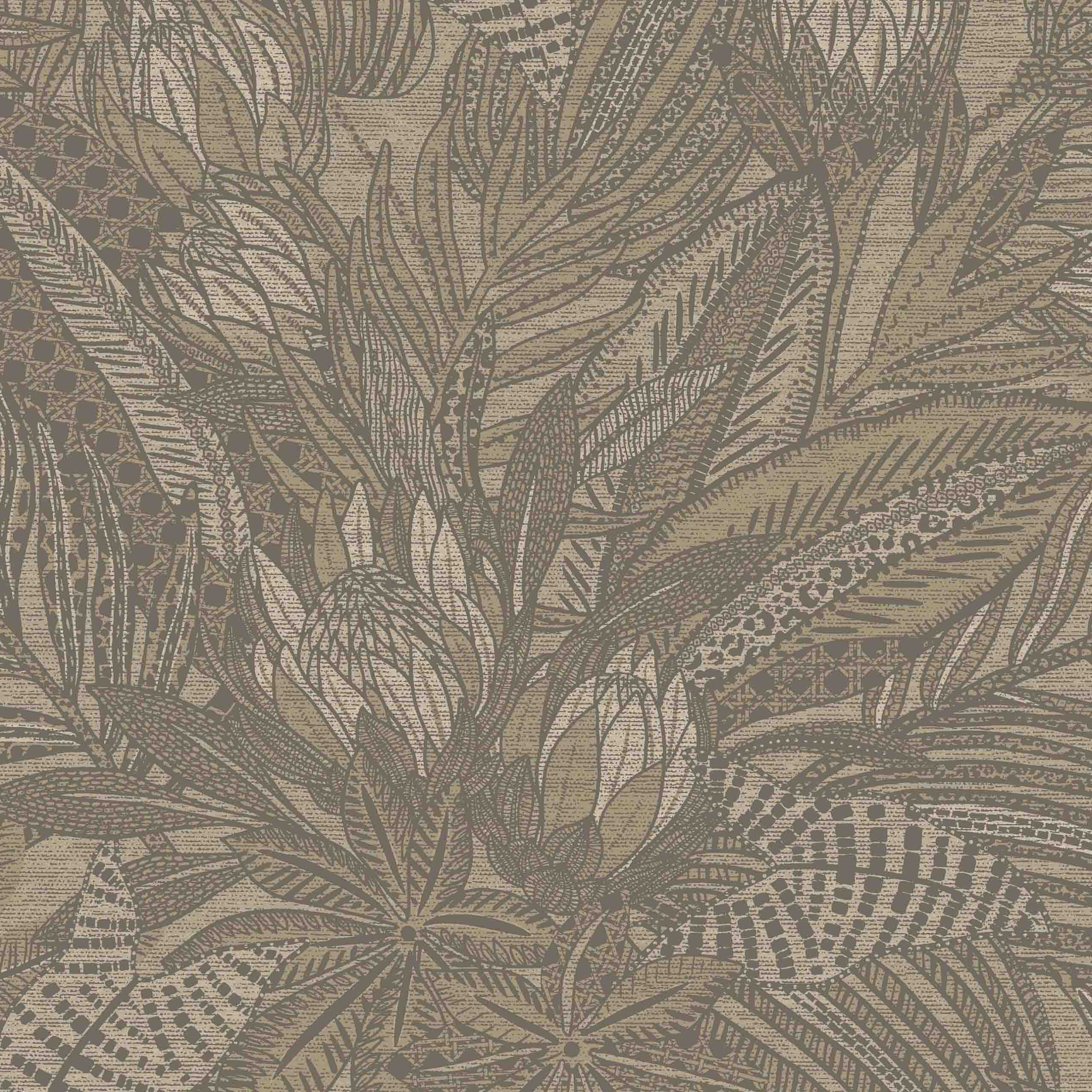 A detailed closeup of the Meadow botanical wallpaper, showcasing its intricate beige-toned patterns on a non-woven base.