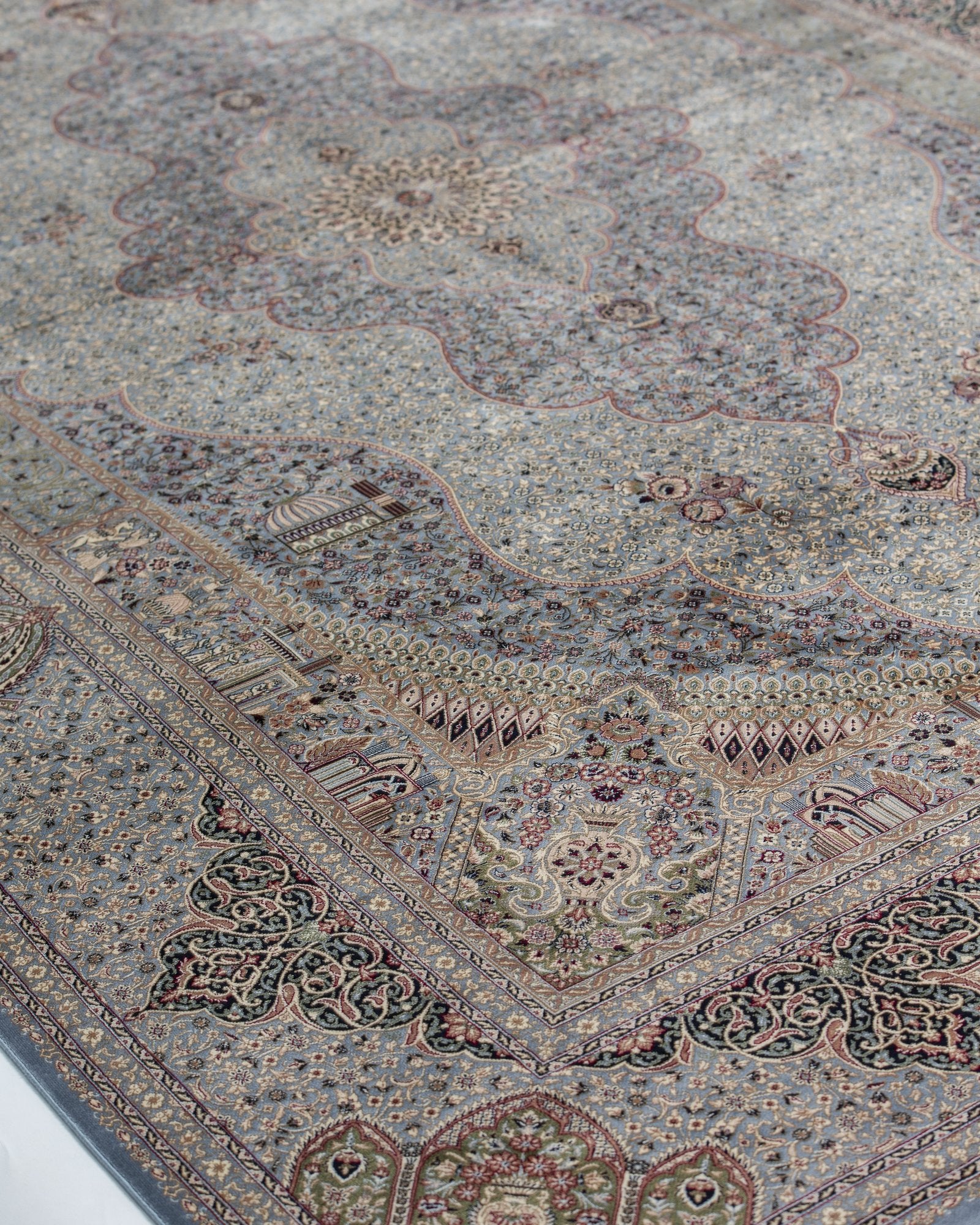Mehrnaz Persian silk carpet design detail in silver grey, 200 x 300 cm - Tabeer Homes Dubai