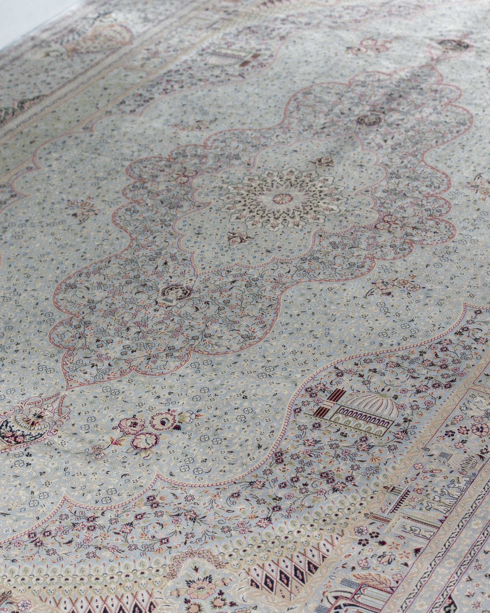 Mehrnaz silk carpet angled view showing silver grey tones, 200 x 300 cm - Tabeer Homes Dubai