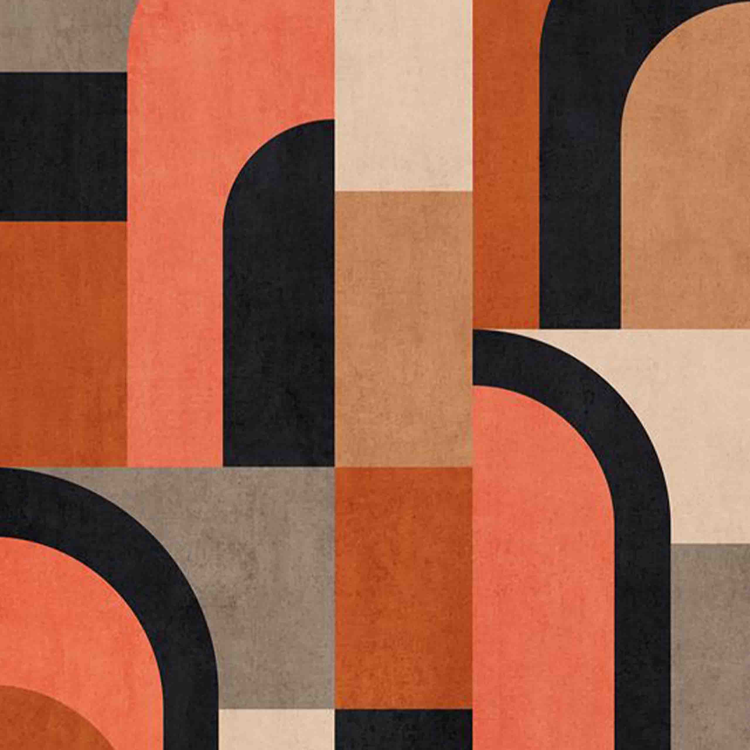 Closeup of the Modernism wallpaper featuring bold abstract shapes in vibrant orange, red, and neutral tones on a vinyl material.