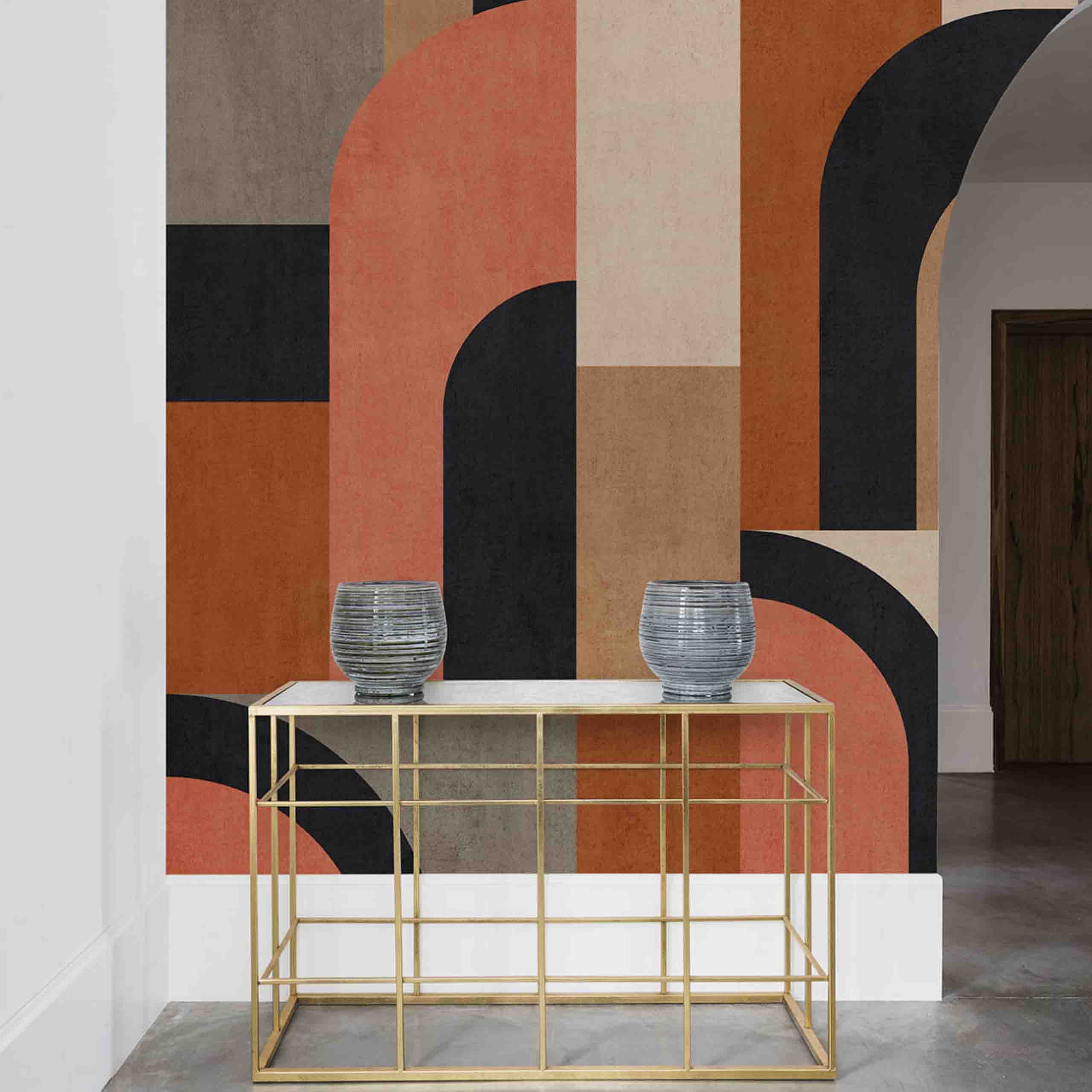 Modernism wallpaper applied in a minimalist room showcasing its geometric patterns and vibrant colors.