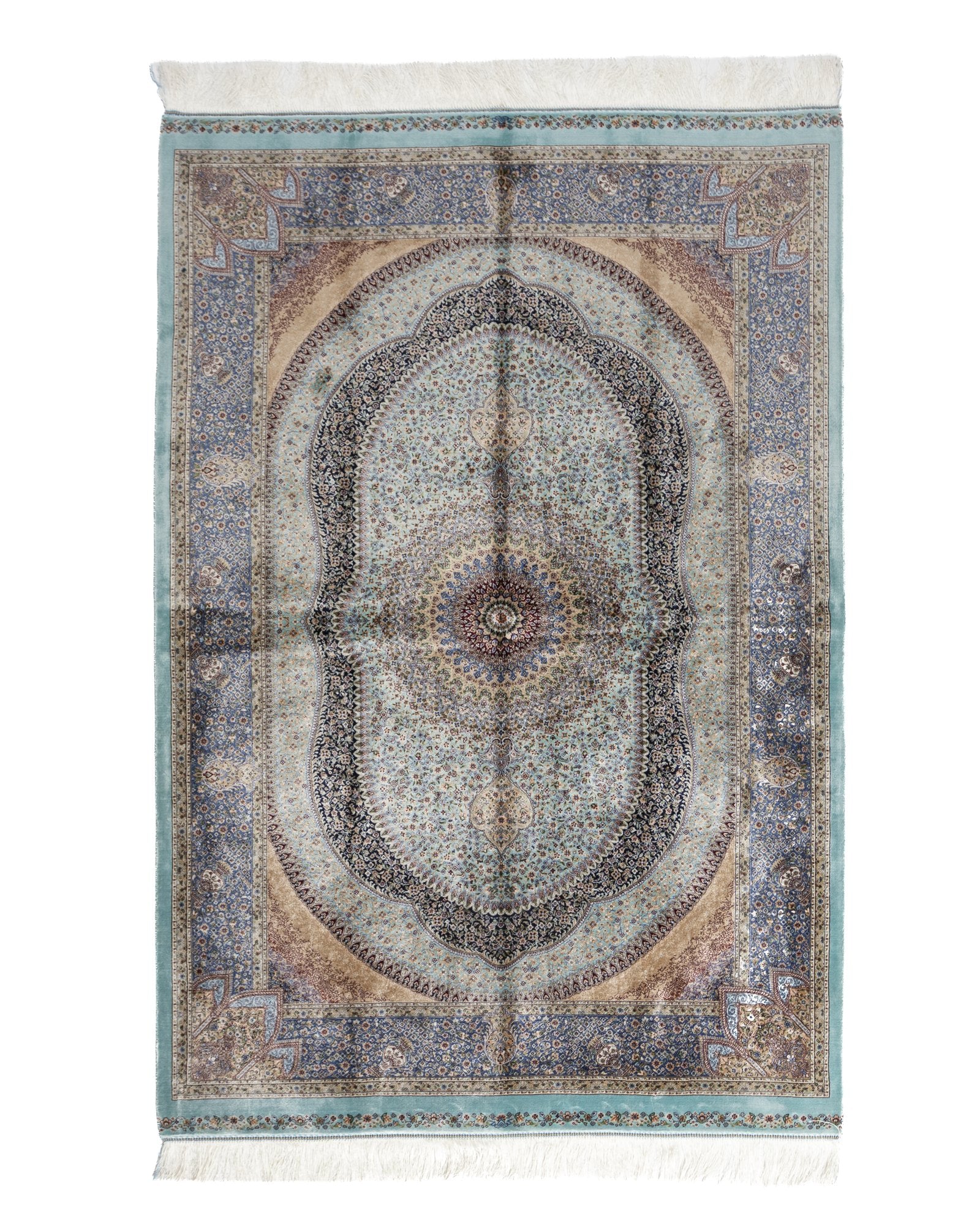Nasrin blue silk rug 180 x 120 cms with a dome medallion design