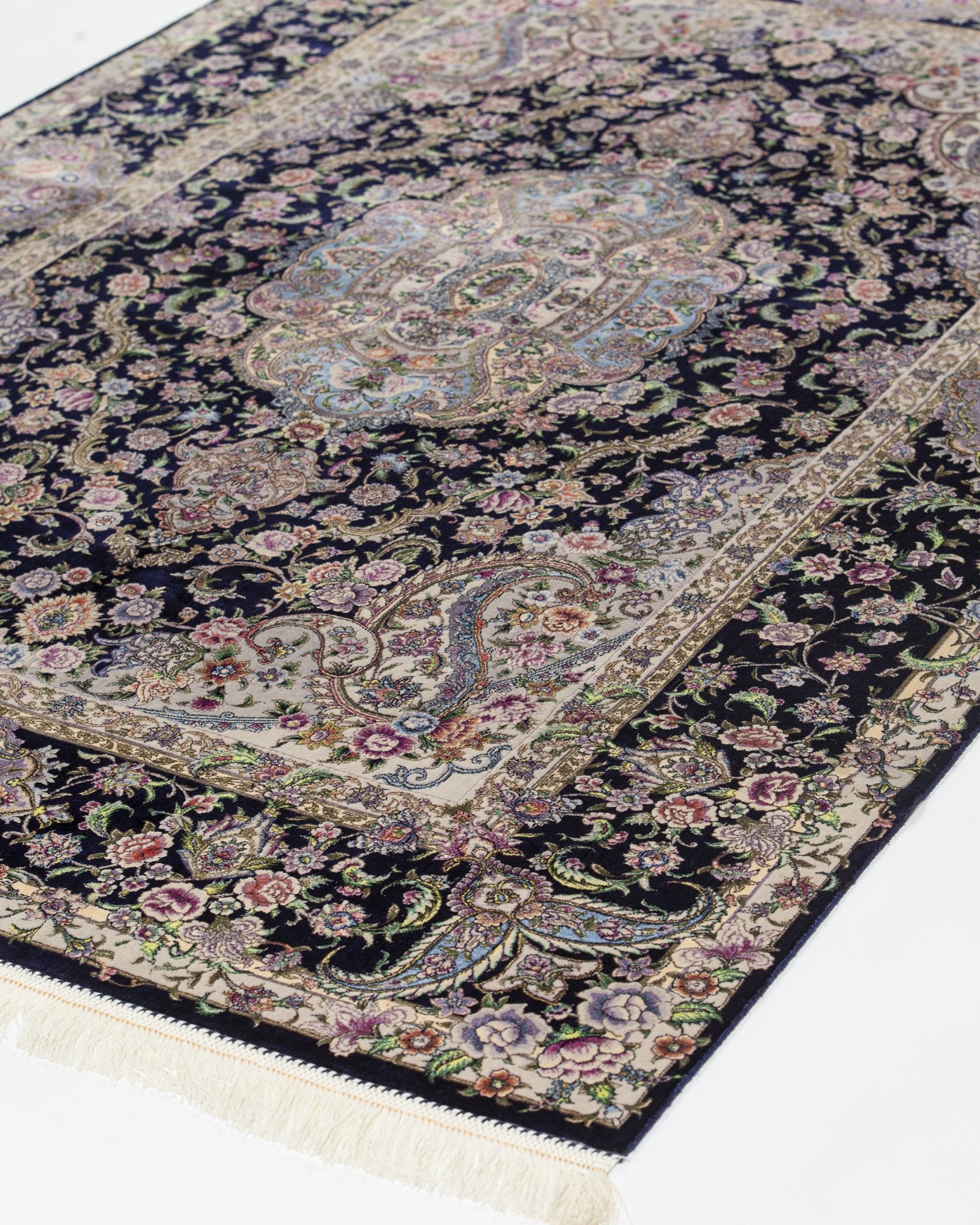 Niloufar Persian silk and wool carpet design detail, navy 225x150 cm - Tabeer Homes Dubai