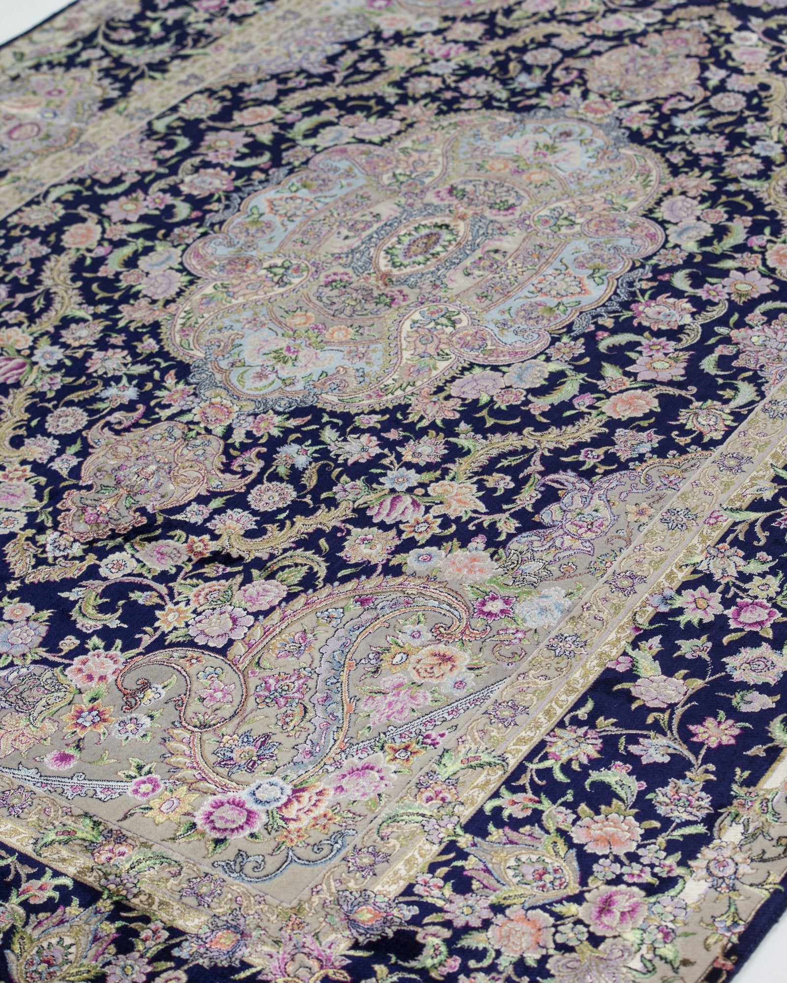 Niloufar Persian silk and wool carpet medallion close-up, navy 225x150 cm - Tabeer Homes Dubai