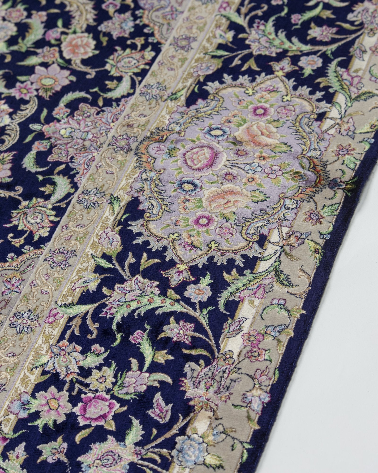 Niloufar Persian silk and wool carpet border and pattern detail, navy 225x150 cm - Tabeer Homes Dubai