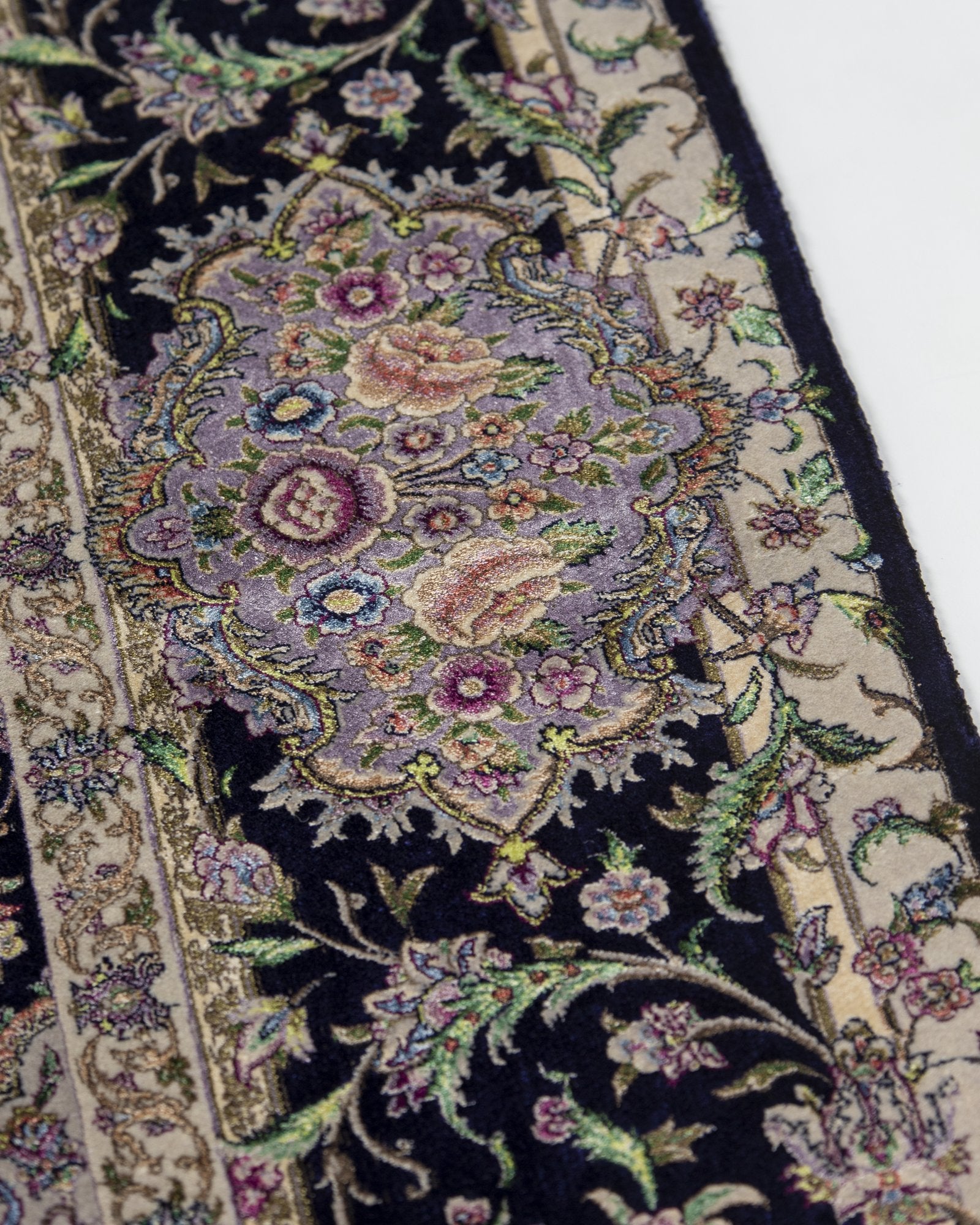 Niloufar Persian silk and wool carpet reverse and selvedge detail, navy 225x150 cm - Tabeer Homes Dubai