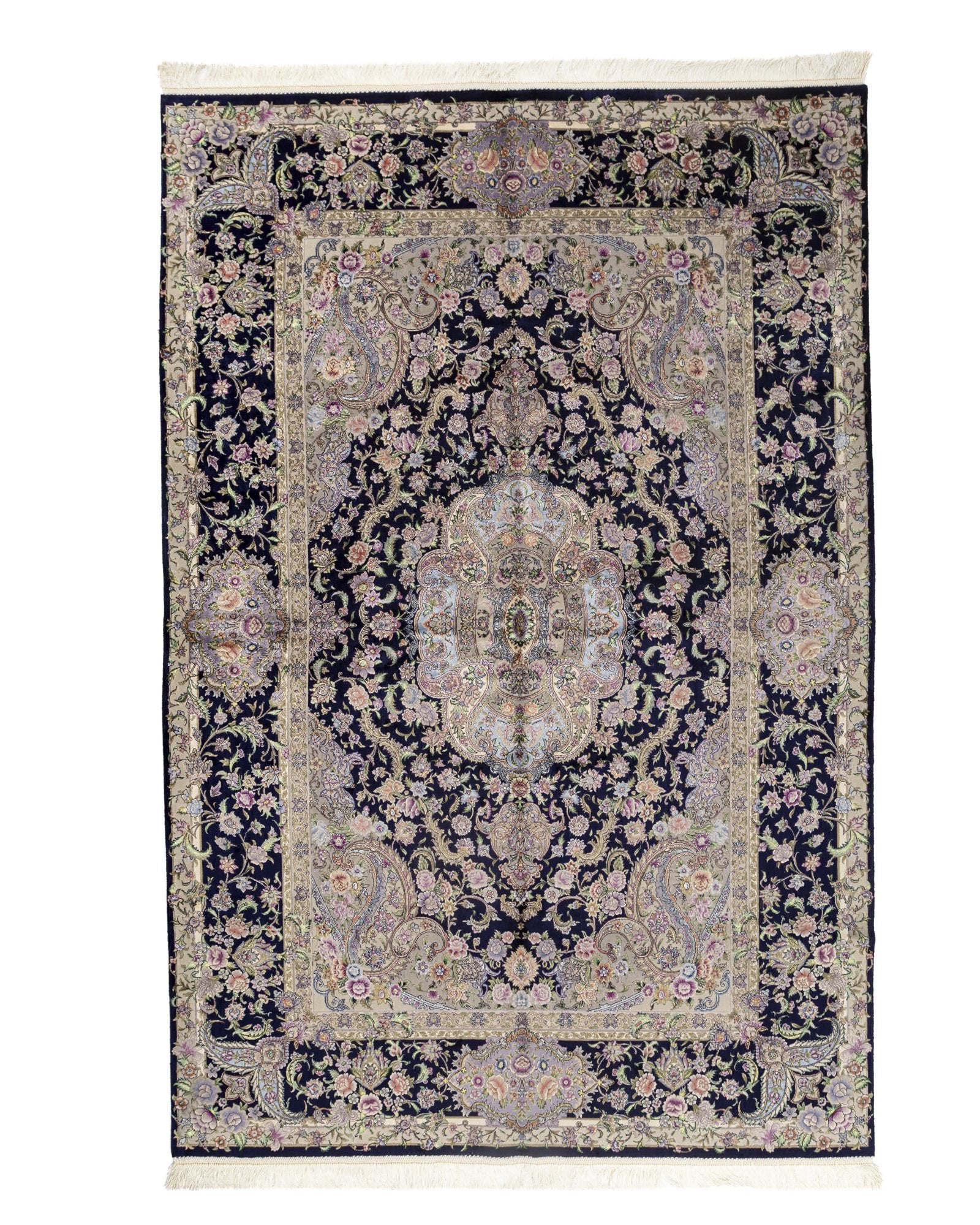 Niloufar Persian silk and wool carpet 225x150 cm in navy, full overhead view - Tabeer Homes Dubai