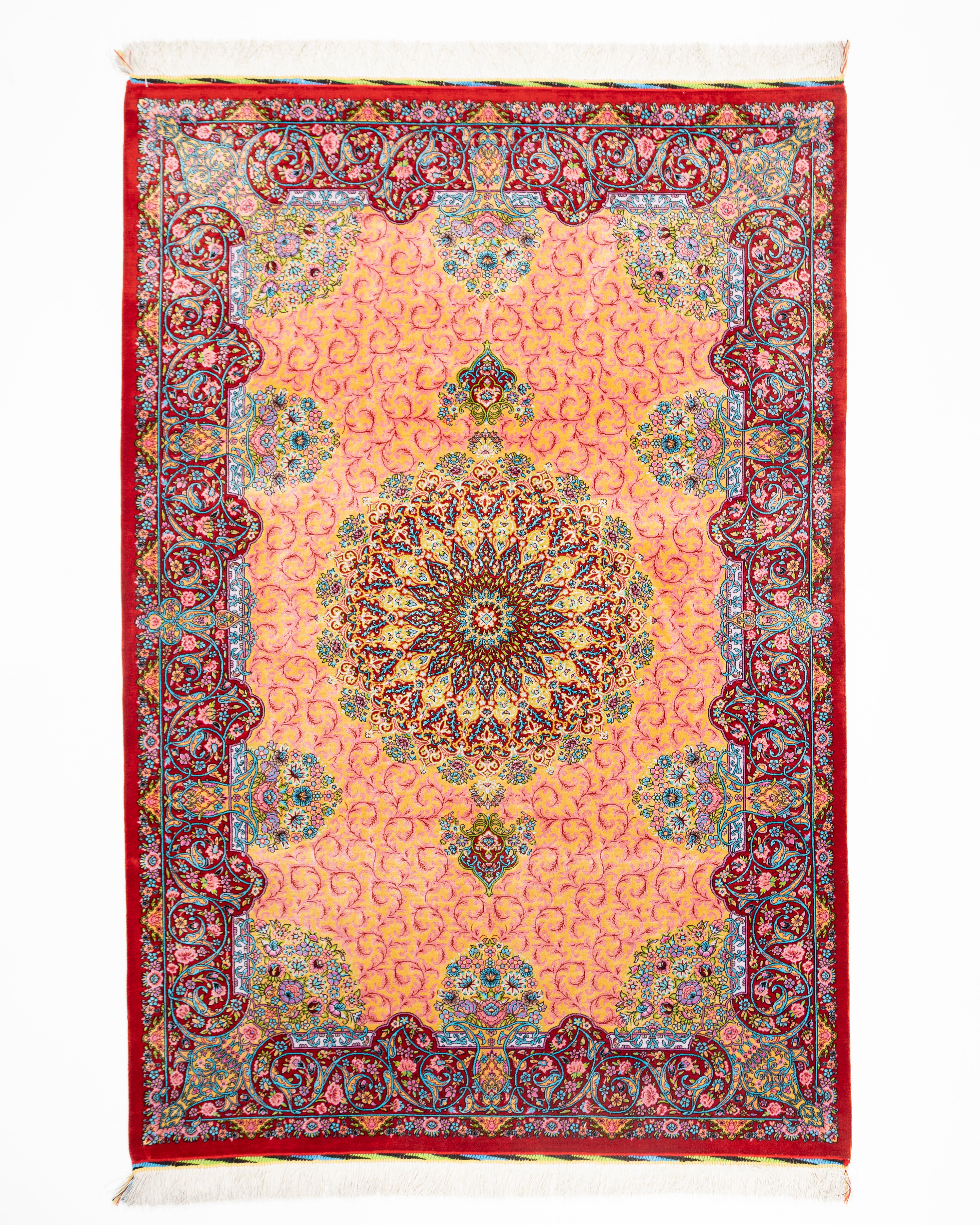Noor coral silk rug with a radiant Persian medallion, full view