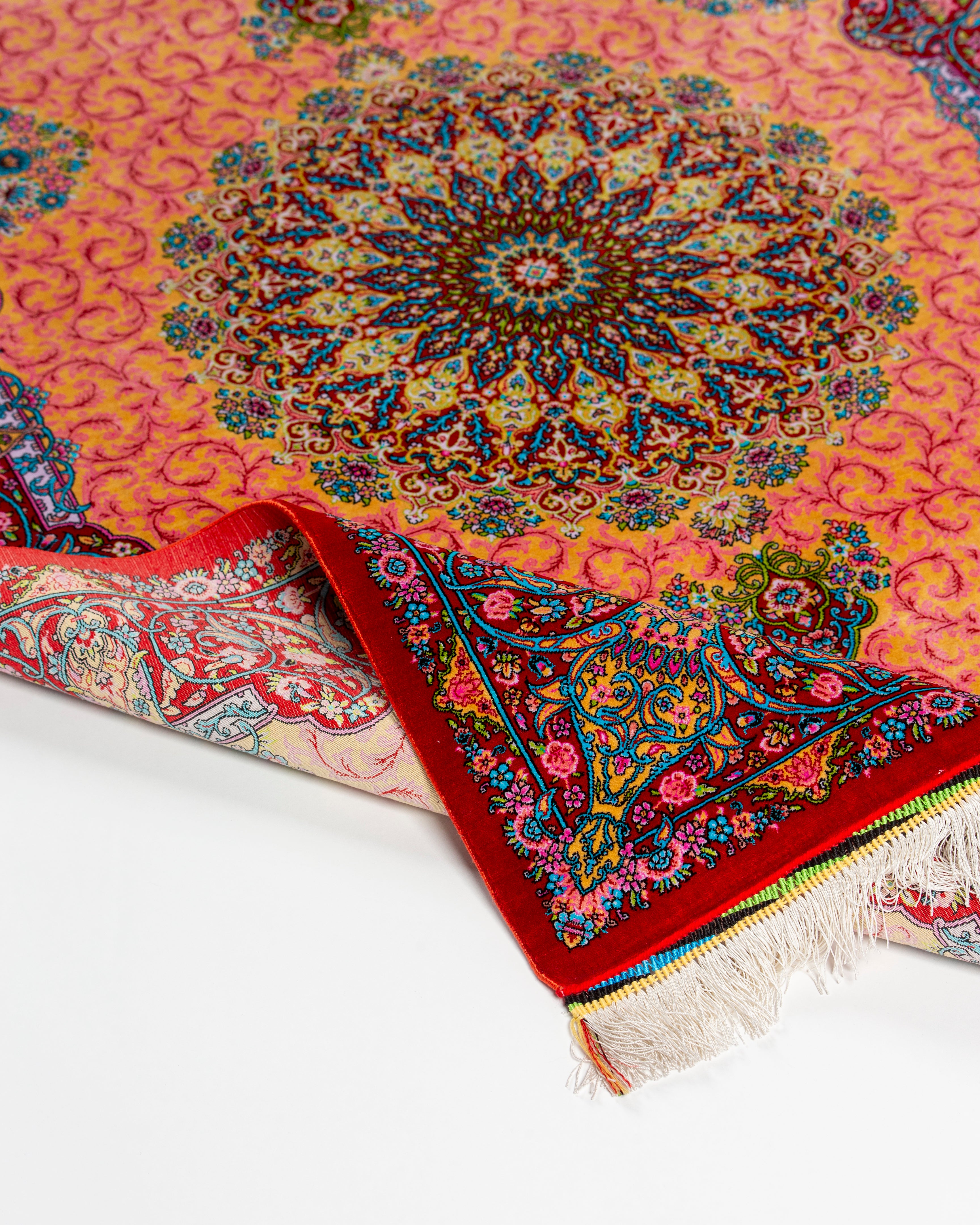 Reverse of the Noor silk rug showing the fine silk weave