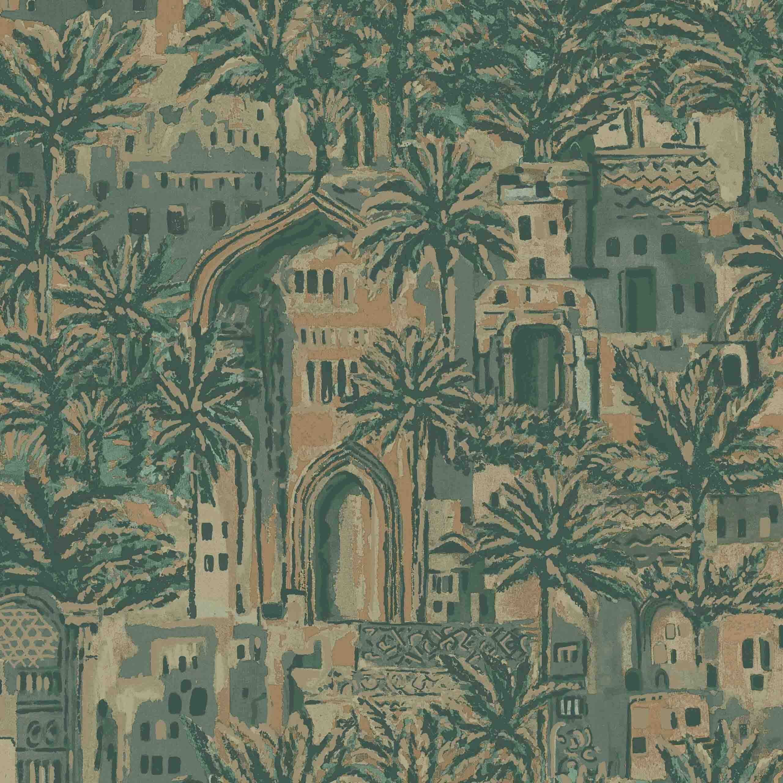 Close-up of Oasis botanical wallpaper with detailed architecture and lush palm tree motifs in dark green.