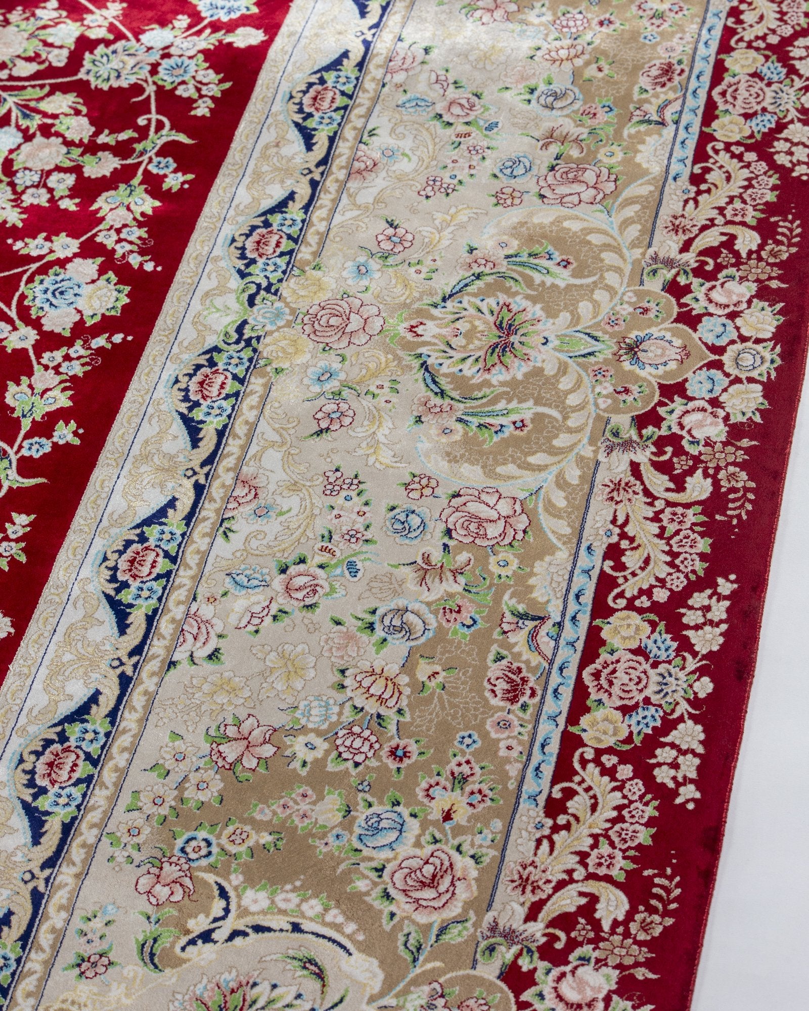 Octavia Persian silk rug pile texture and sheen, deep red 300 x 400 cm - Tabeer Homes Dubai