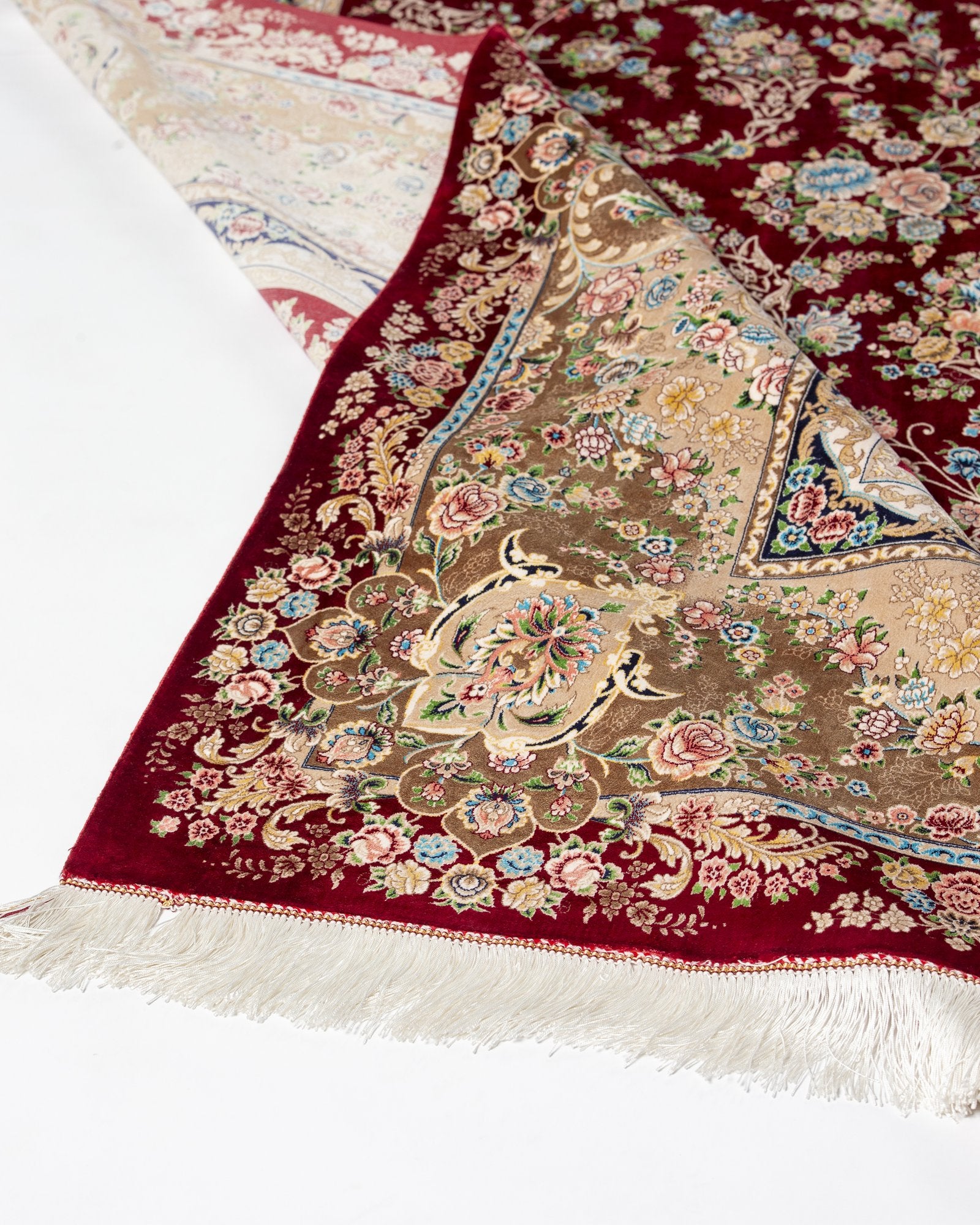 Octavia Persian silk rug side view showing depth of colour, deep red 300 x 400 cm - Tabeer Homes Dubai