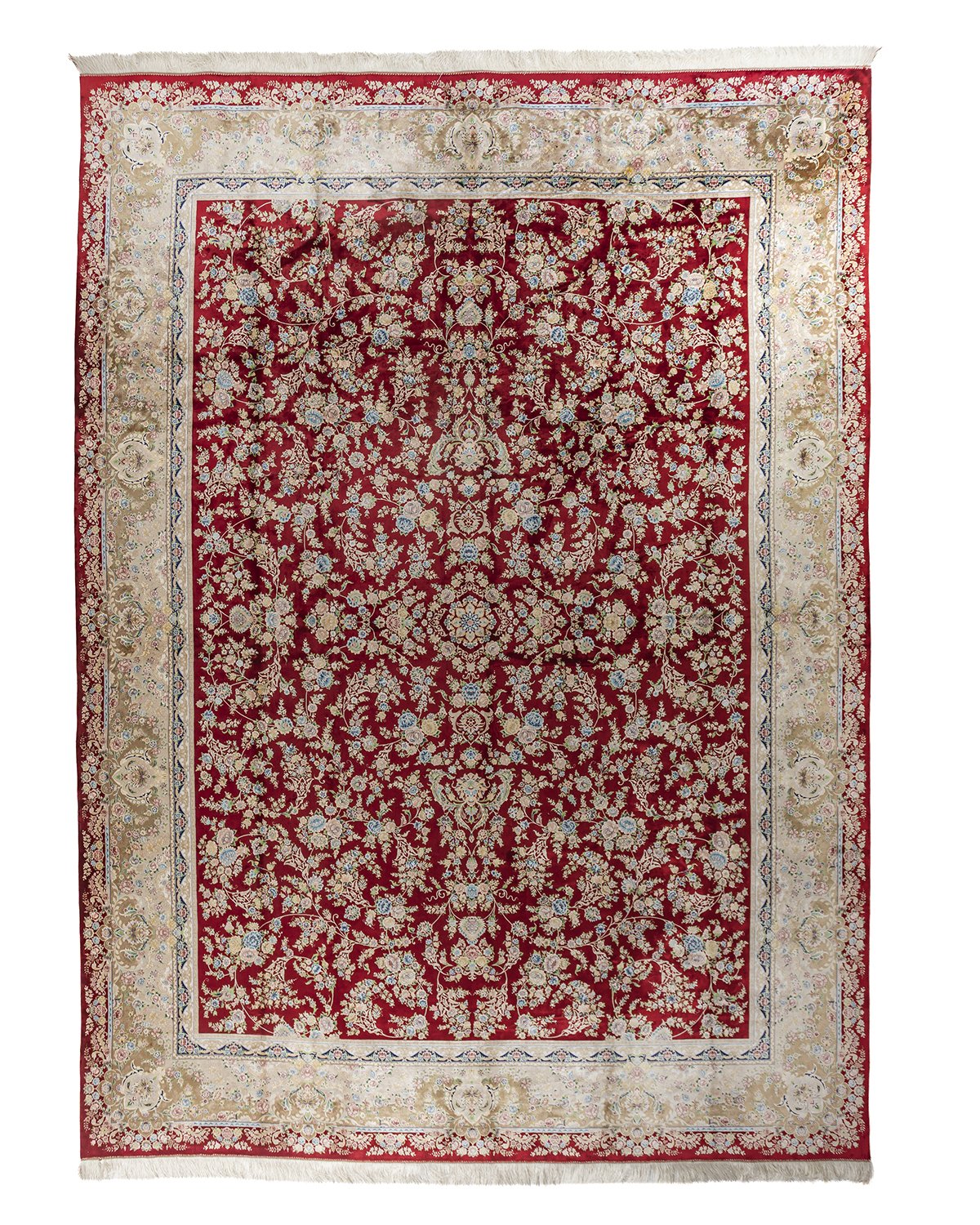 Octavia Persian silk carpet 300 x 400 cm in deep red, full overhead view - Tabeer Homes Dubai
