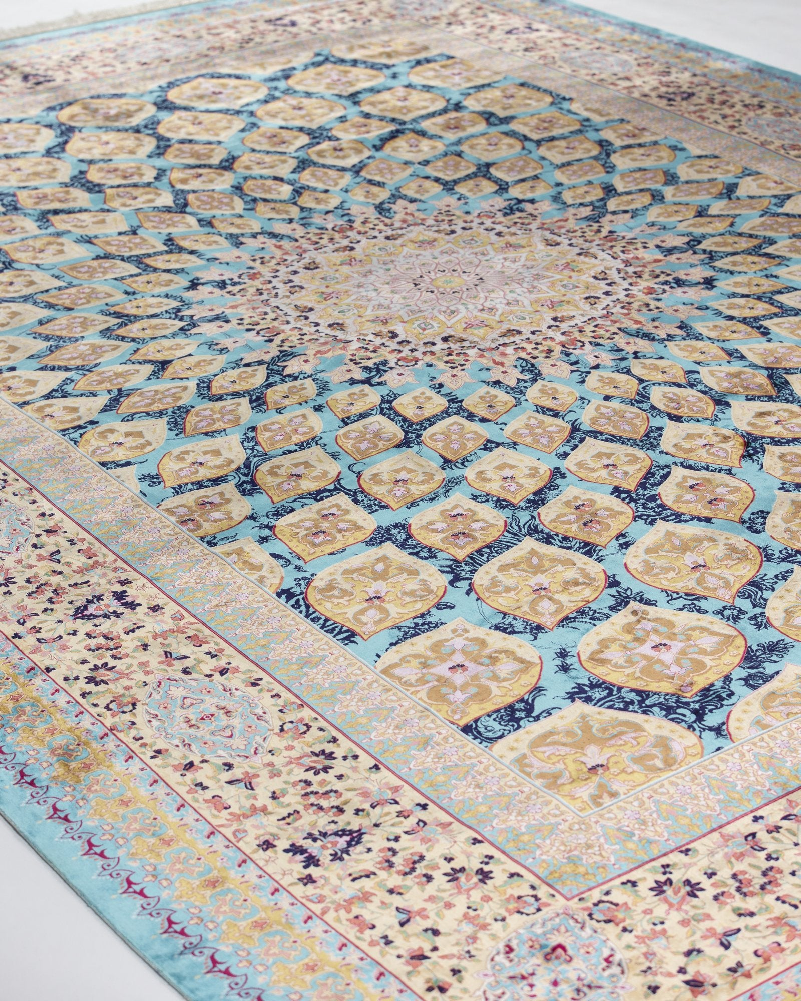 Ophira Persian silk carpet design detail in turquoise and gold, 250 x 350 cm - Tabeer Homes Dubai
