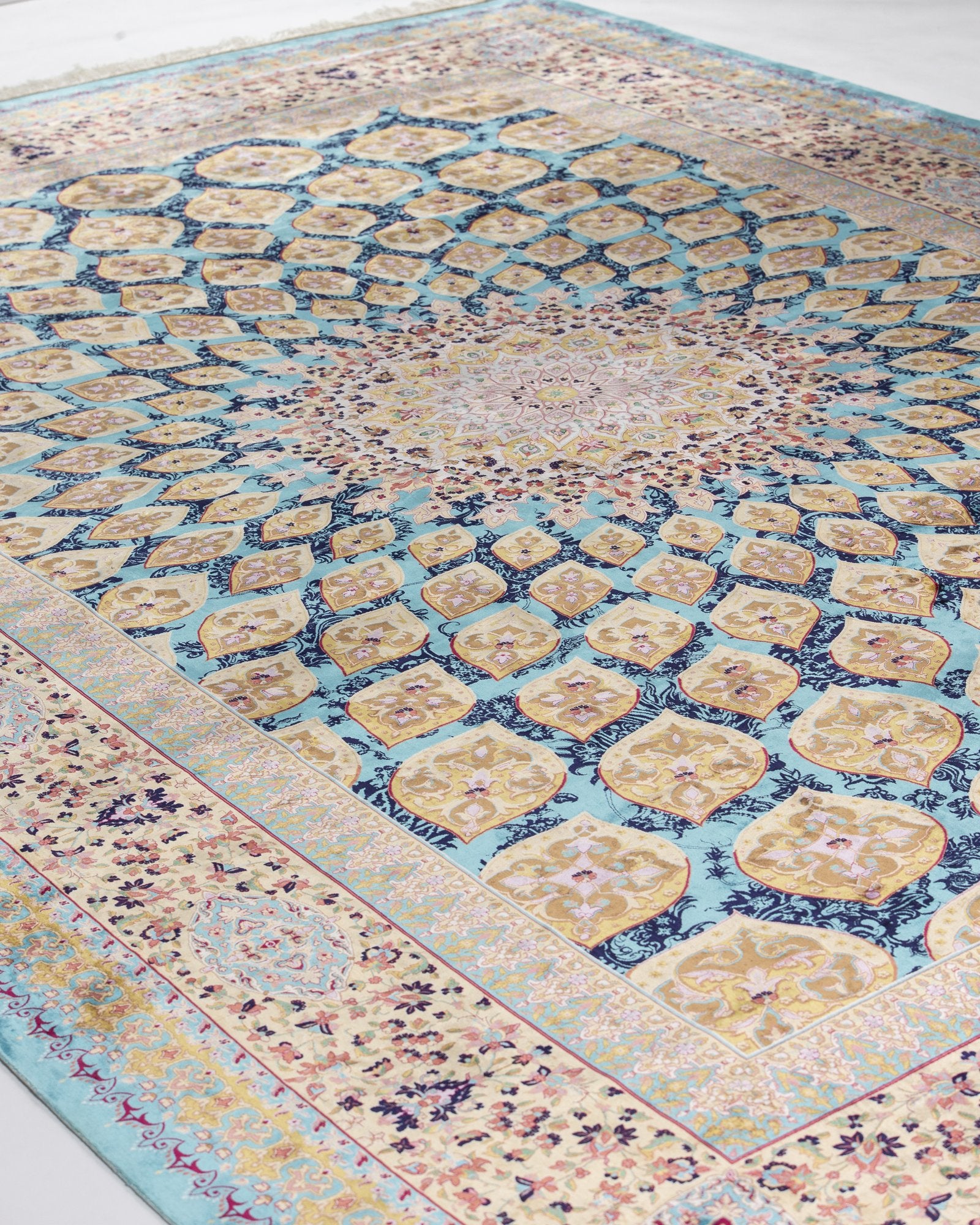 Ophira Persian silk rug centre medallion close-up, turquoise and gold 250 x 350 cm - Tabeer Homes Dubai