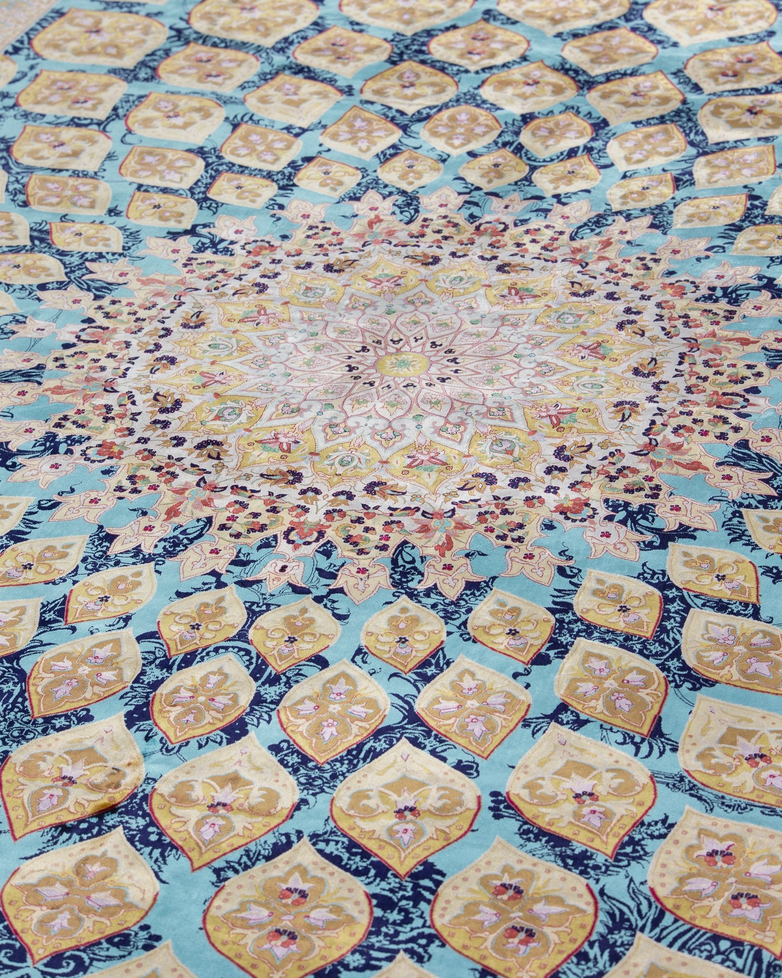 Ophira silk carpet border and corner detail in turquoise and gold, 250 x 350 cm - Tabeer Homes Dubai