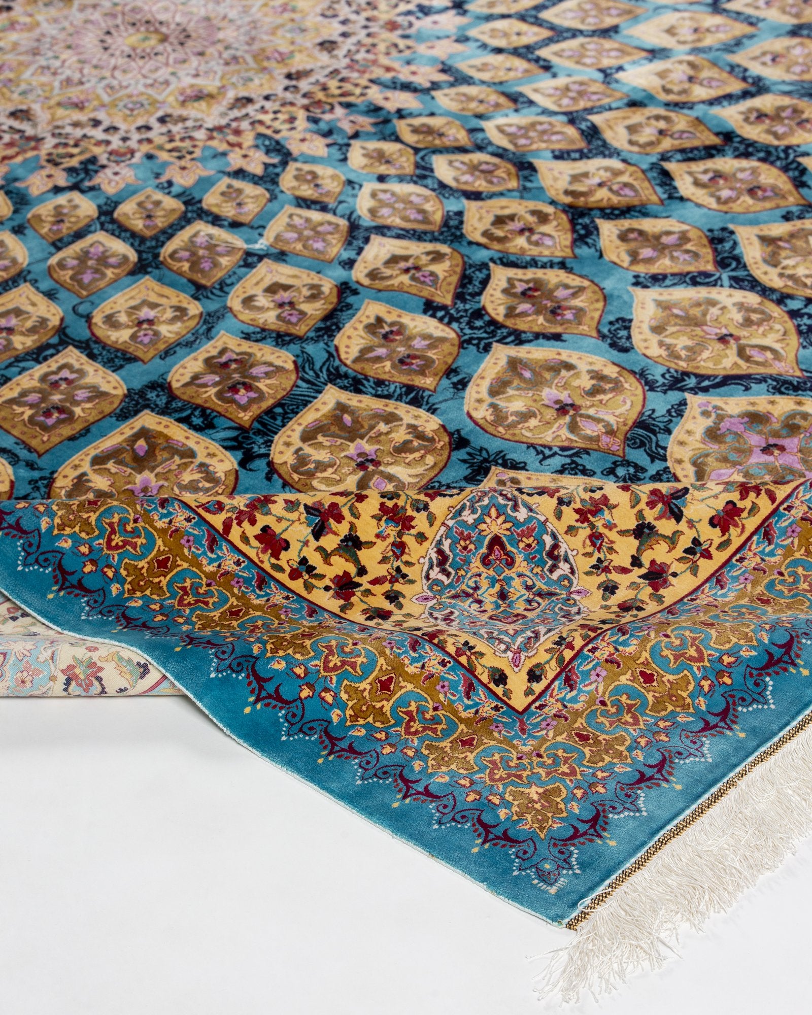 Ophira silk carpet field pattern detail in turquoise and gold, 250 x 350 cm - Tabeer Homes Dubai