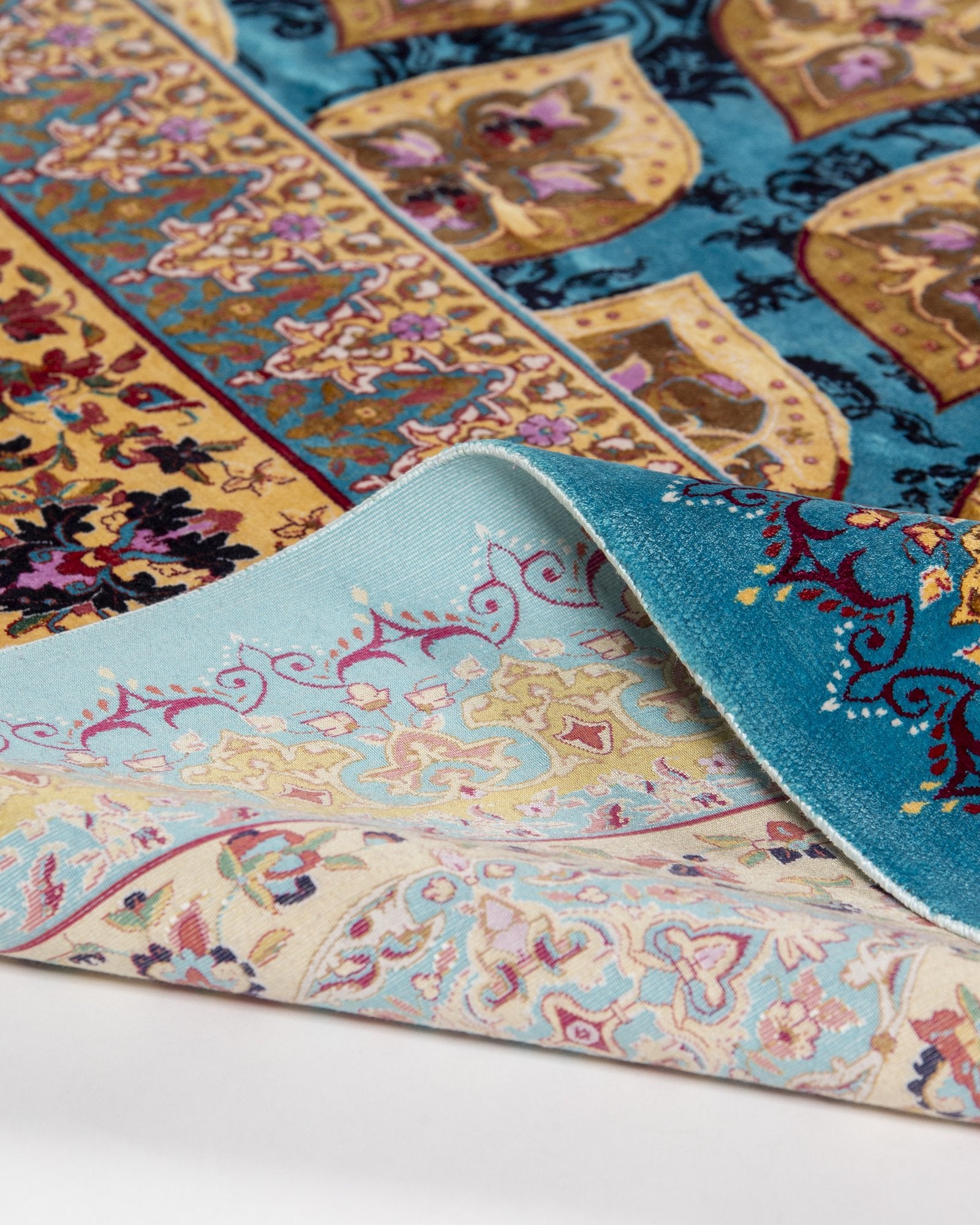 Ophira Persian silk rug edge binding and back detail, turquoise and gold 250 x 350 cm - Tabeer Homes Dubai