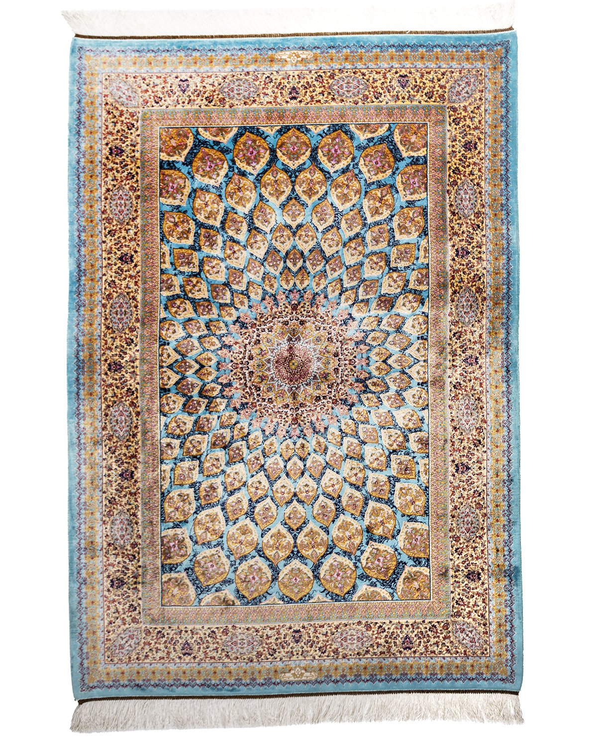 Ophira Persian silk carpet 250 x 350 cm in turquoise and gold, full overhead view - Tabeer Homes Dubai