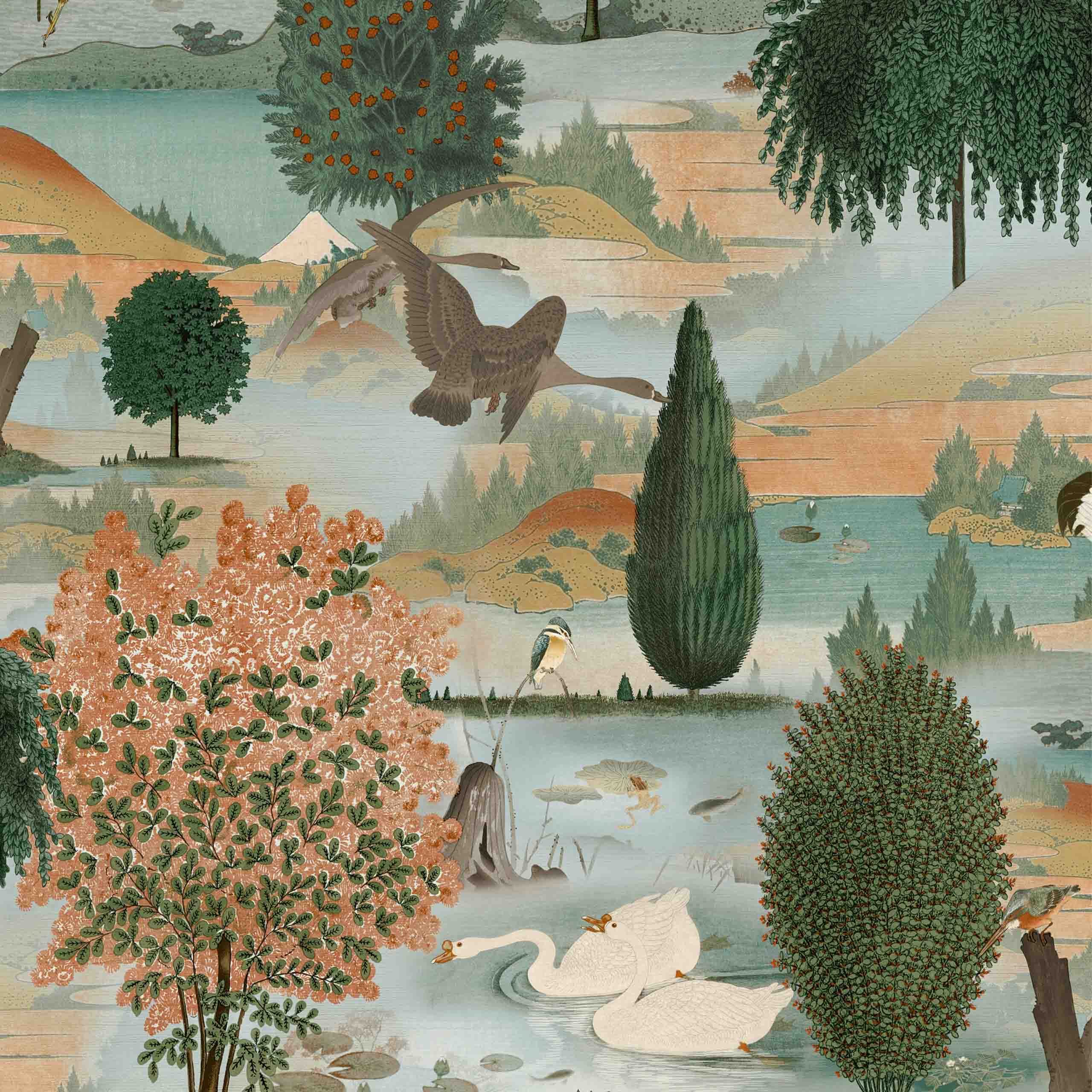 Orvana non-woven wallpaper featuring a vibrant botanical and bird design in green, light brown, and orange hues, inspired by serene landscapes.