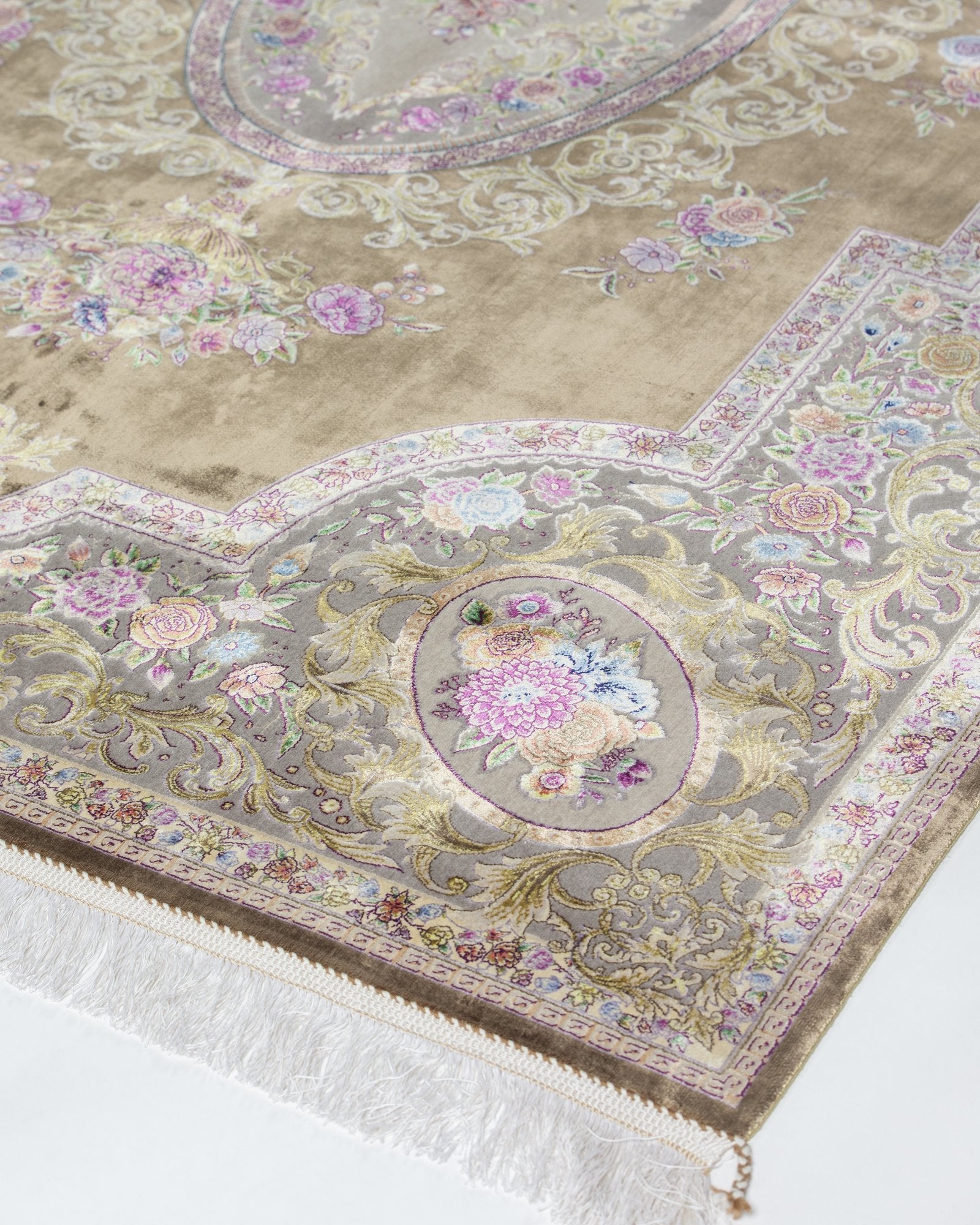 Ottavia Persian silk and wool carpet design detail in olive brown, 225 x 150 cm - Tabeer Homes Dubai