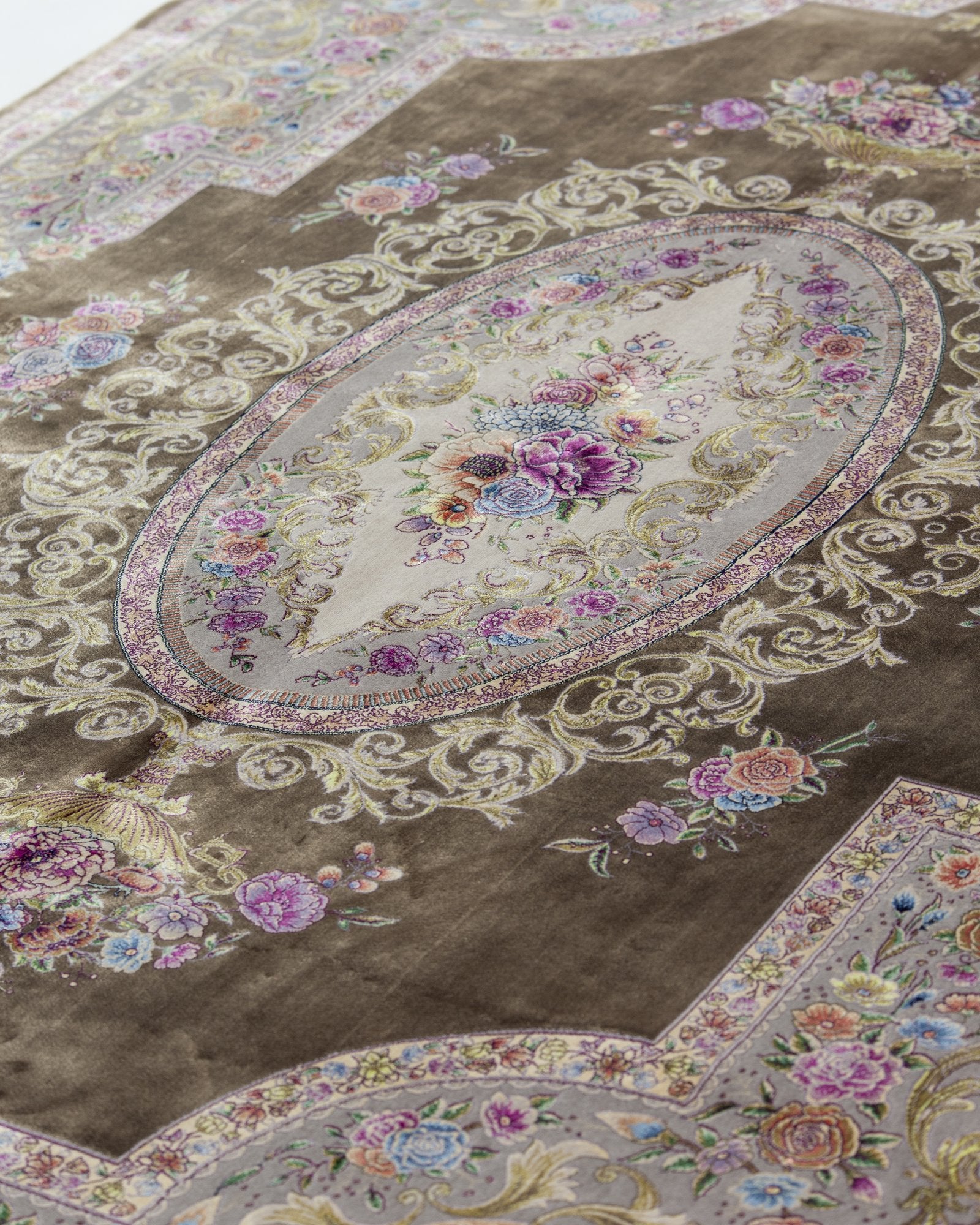 Ottavia Persian silk and wool rug pile texture and sheen, olive brown 225 x 150 cm - Tabeer Homes Dubai