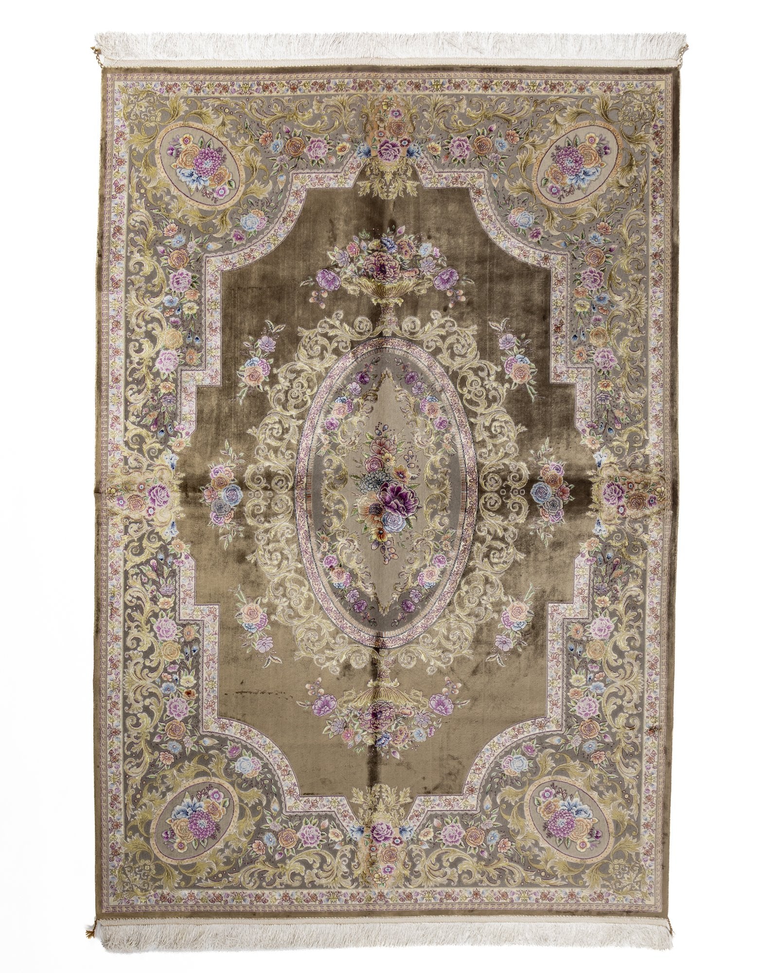 Ottavia Persian silk and wool carpet 225 x 150 cm in olive brown, full overhead view - Tabeer Homes Dubai