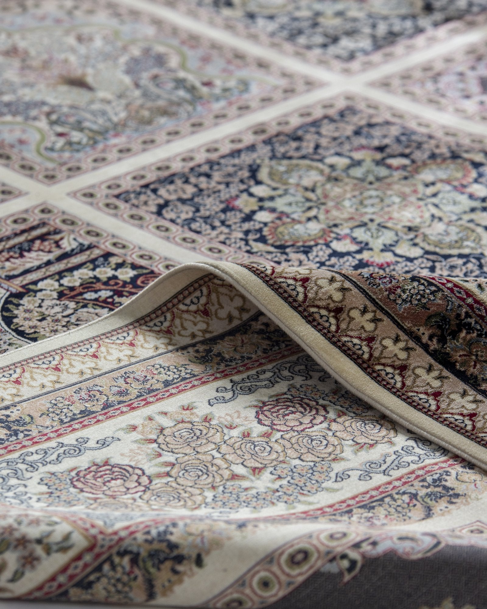 Pariwash Persian silk rug side view showing depth of colour, ivory and grey 250 x 350 cm - Tabeer Homes Dubai