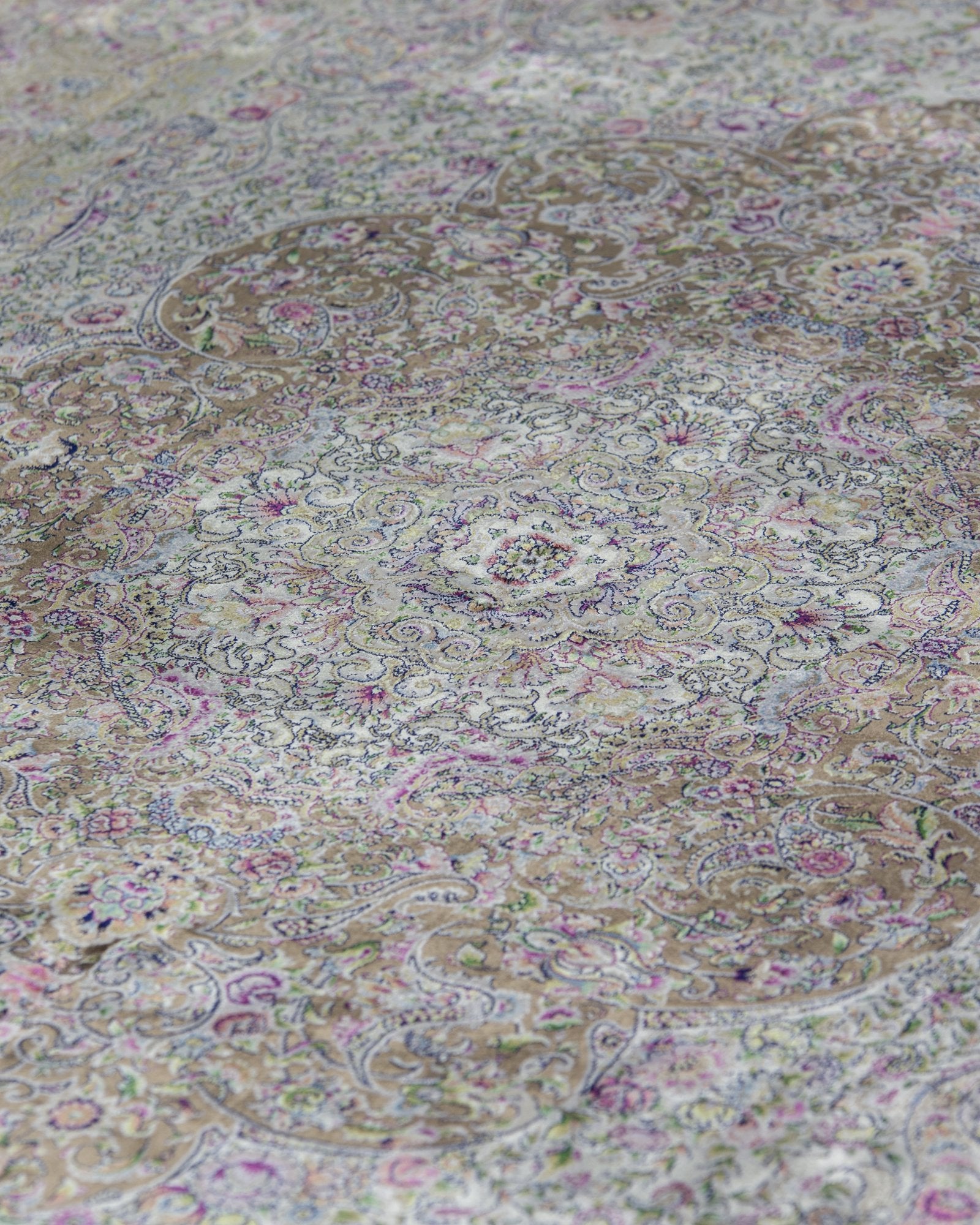 Perla Persian silk and wool carpet medallion close-up, taupe 225x150 cm - Tabeer Homes Dubai
