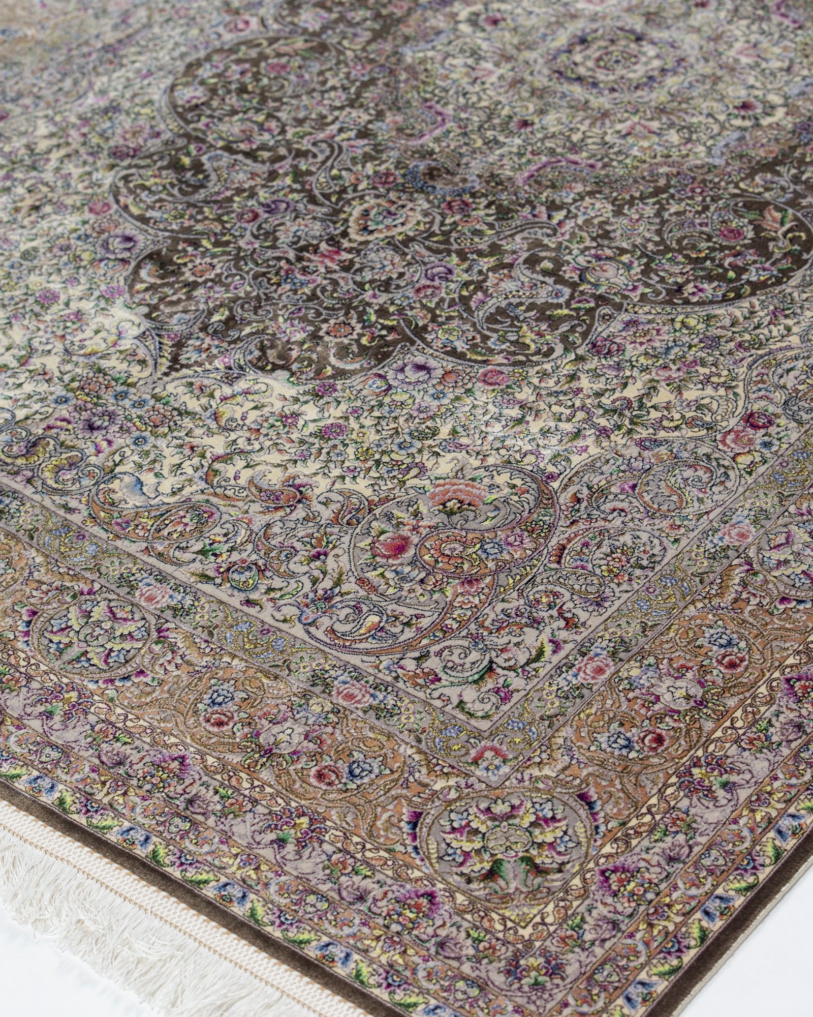 Perla Persian silk and wool carpet pile texture close-up, taupe 225x150 cm - Tabeer Homes Dubai