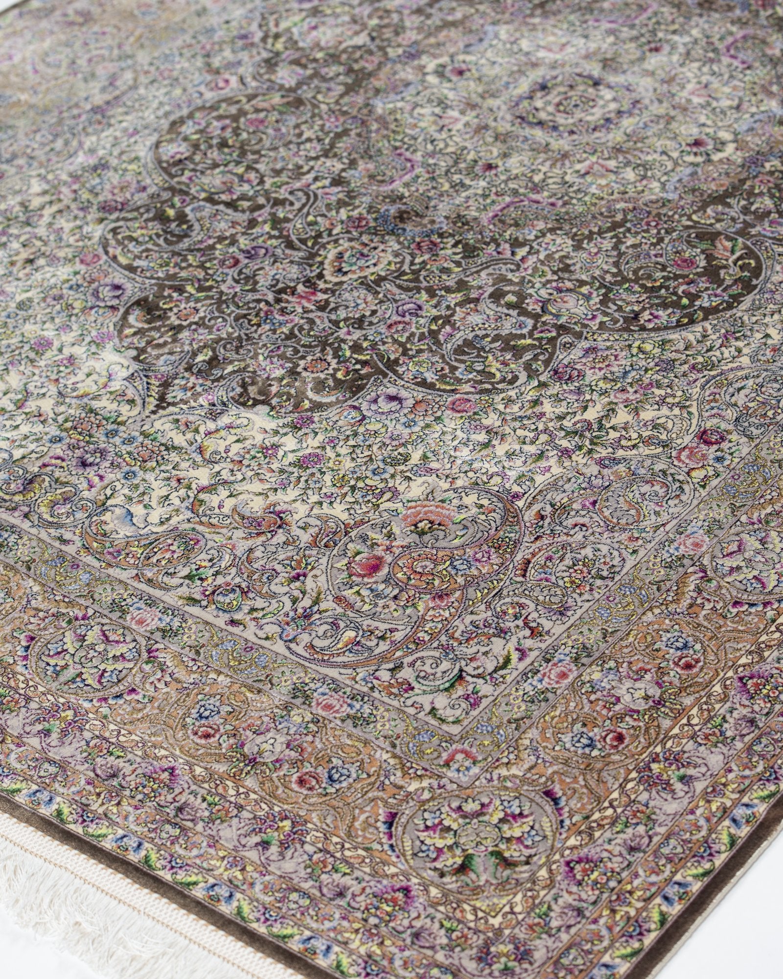 Perla Persian silk and wool carpet full angled view, taupe 225x150 cm - Tabeer Homes Dubai